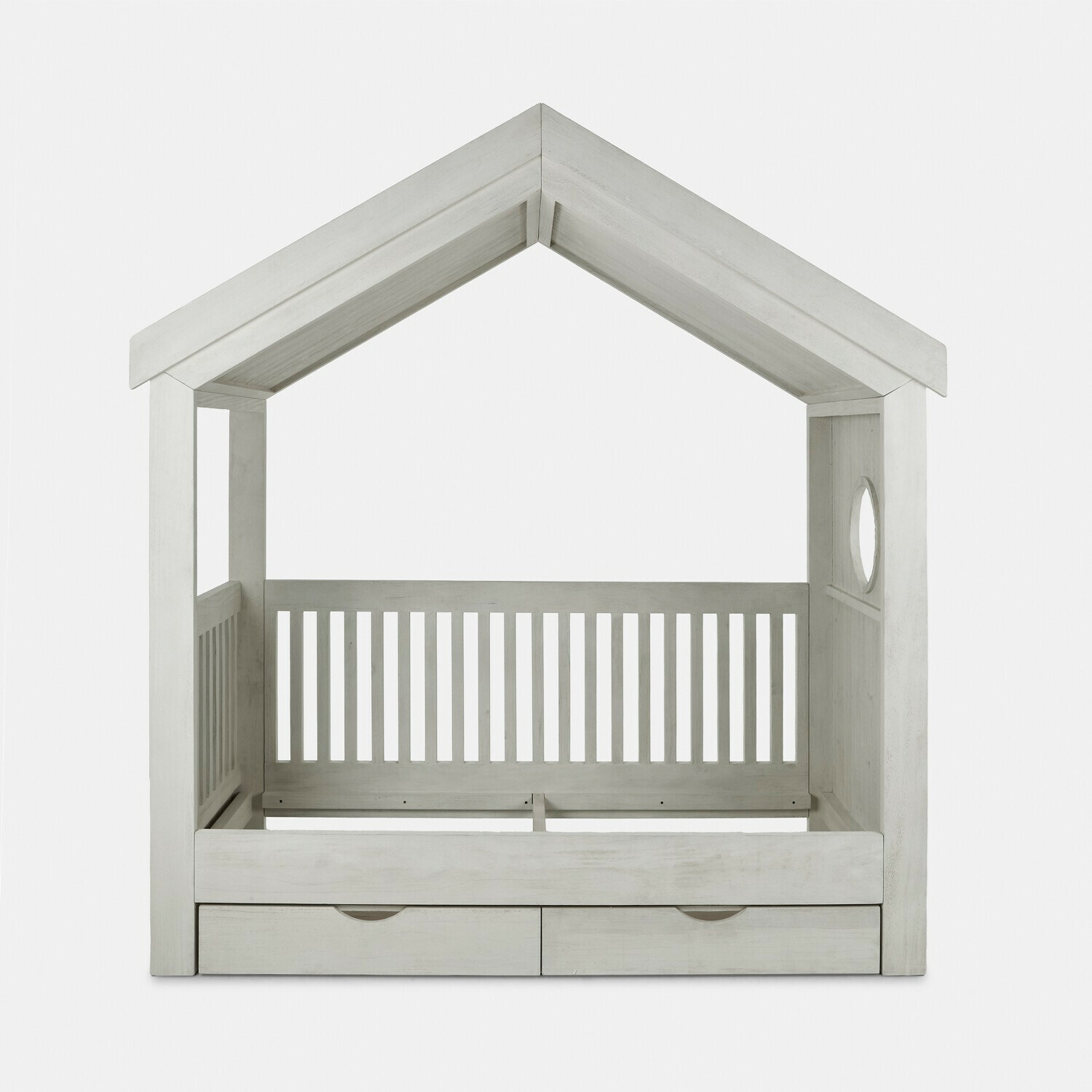 Einzelbett Birchwell Weißes Kinderbett aus Holz in Hausform mit Schubladen und rundem Fenster für Stauraum