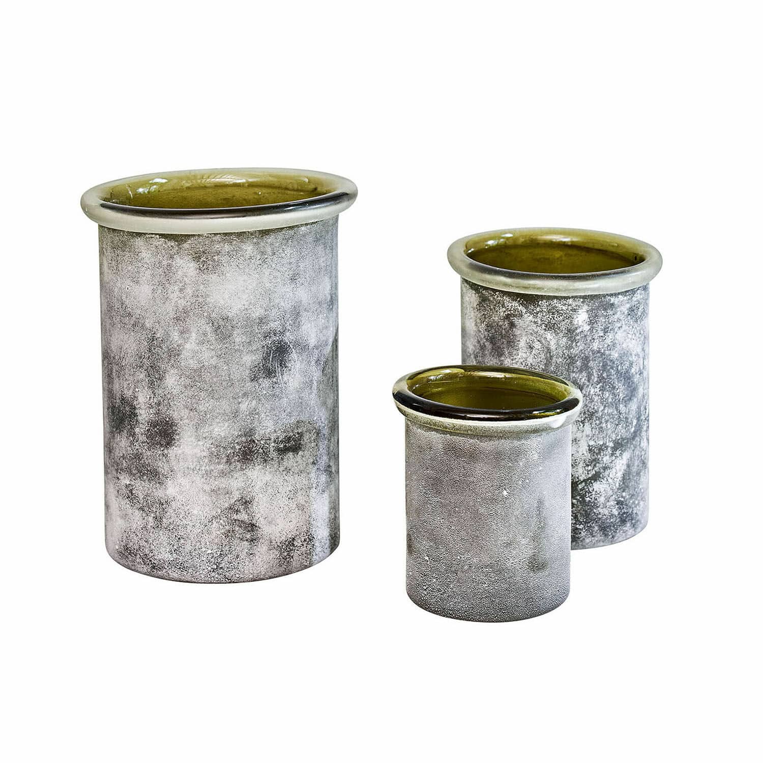 Windlicht 3er Set Iskira Set aus drei grauen Keramikvasen mit matter Oberfläche und glänzendem olivgrünem Innenrand