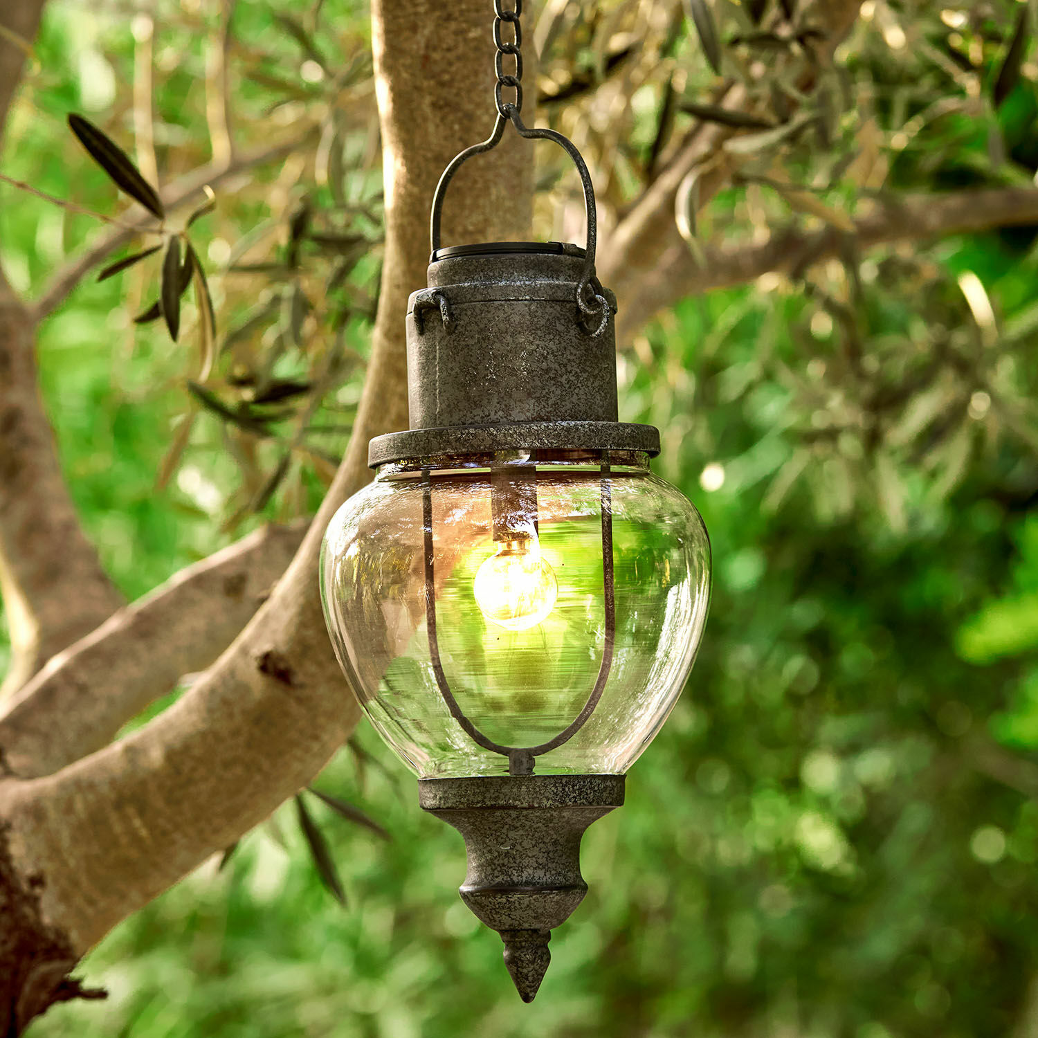 Solar-Hängelaterne Relixan Hängende Außenlampe aus grauem Metall mit klarem Glas, dekorative Gartenbeleuchtung