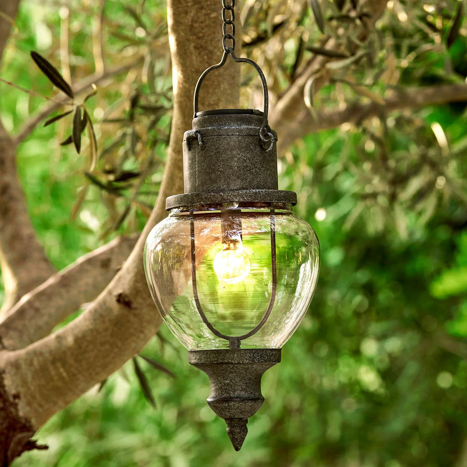 Solar-Hängelaterne Relixan Hängende Außenlampe aus grauem Metall mit klarem Glas, dekorative Gartenbeleuchtung