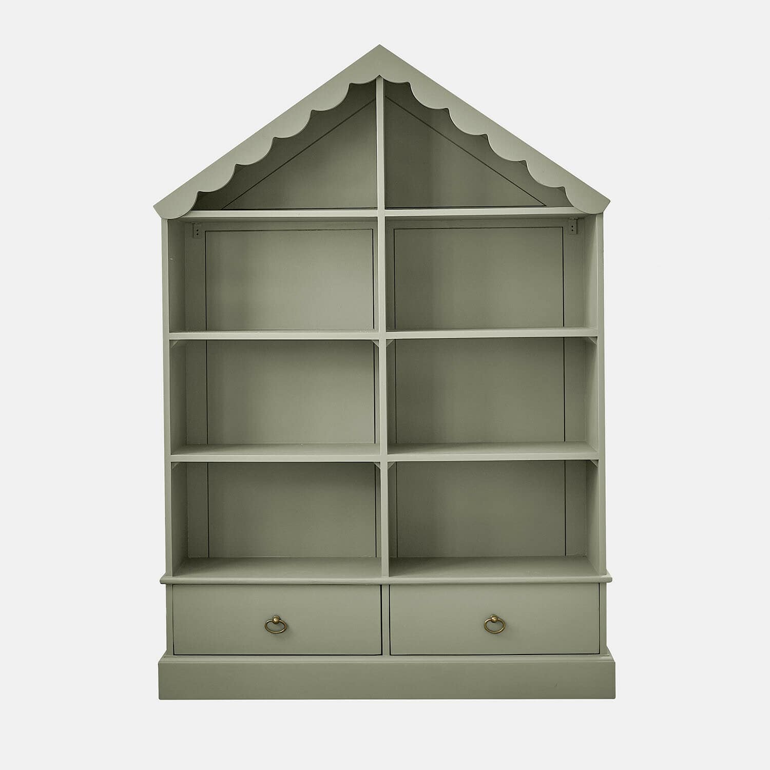 Grünes Holzregal Vaurillon mit zwei Schubladen und dekorativem Dach, praktisches Aufbewahrungsmöbel