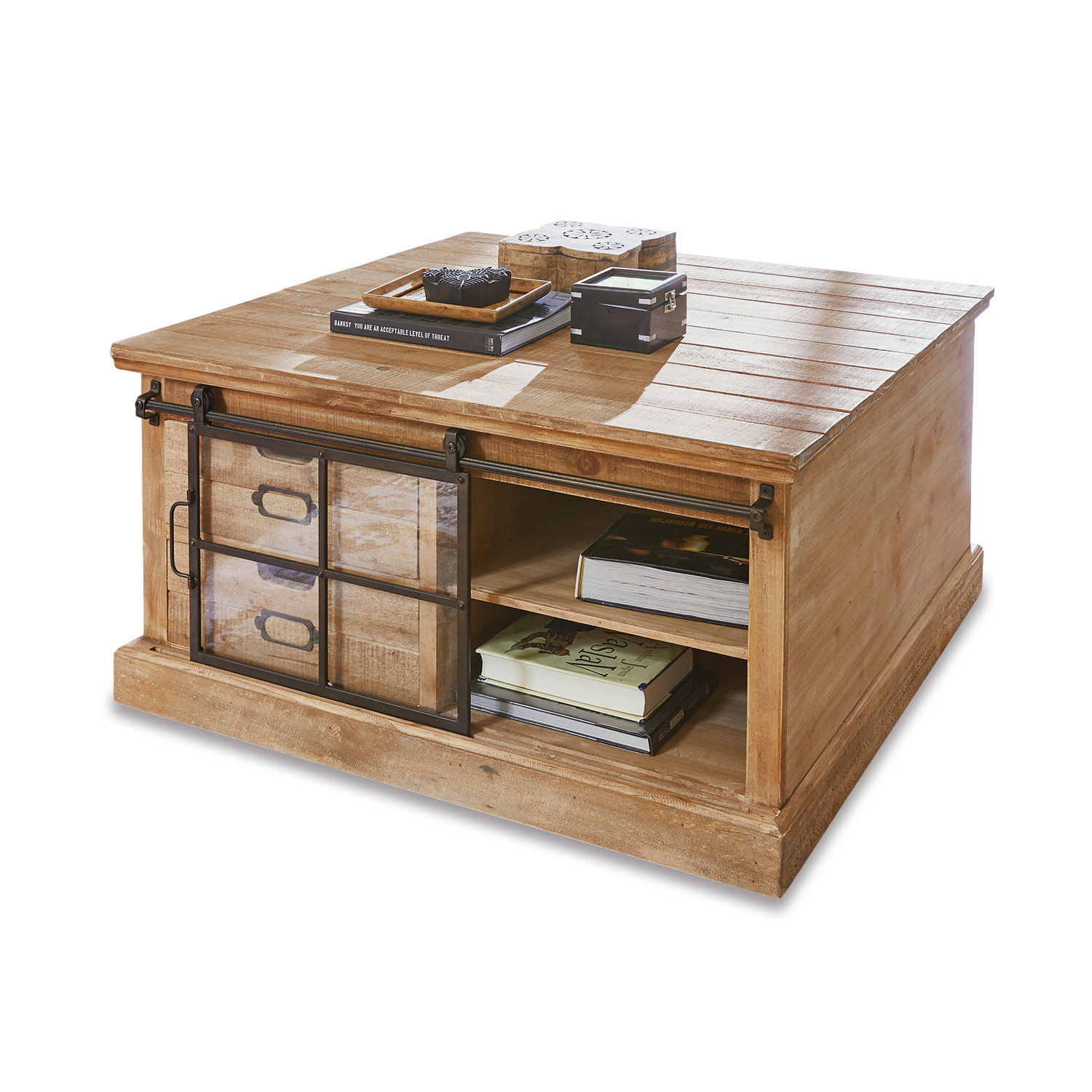 Couchtisch Finegand Quadratischer Couchtisch aus Mangoholz in Natur mit Schiebetür aus Glas und Metall