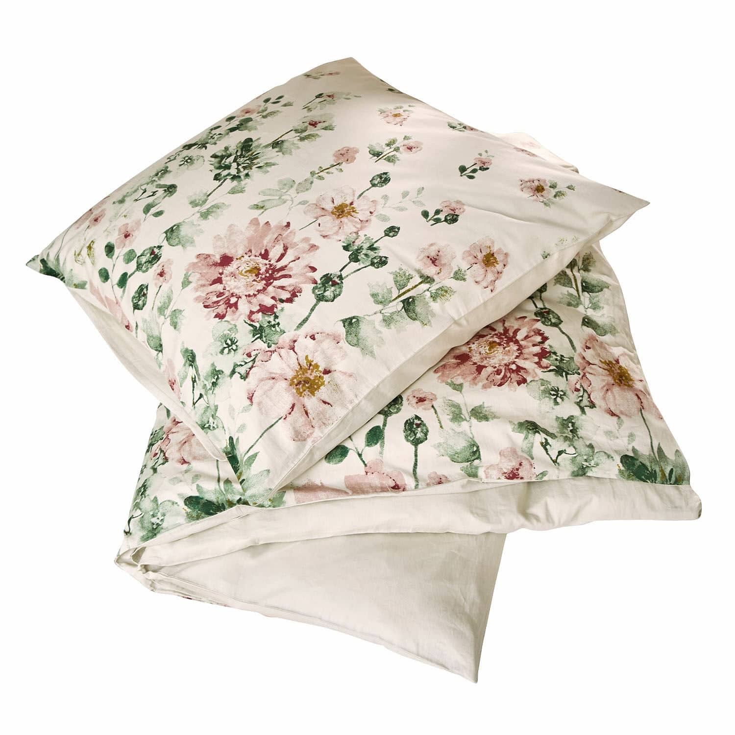 Bettwäsche Brinalie Baumwoll-Bettwäsche mit floralem Muster in Rosa- und Grüntönen auf cremefarbenem Grund
