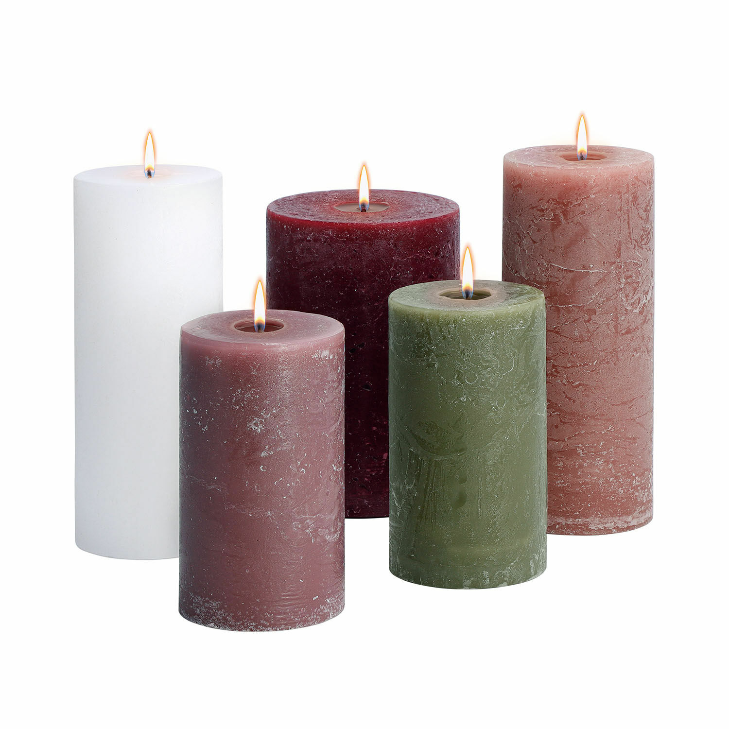 5er Set Panagra Kerzen aus Naturwachs in Creme, Rosa und Grün für stimmungsvolle Deko