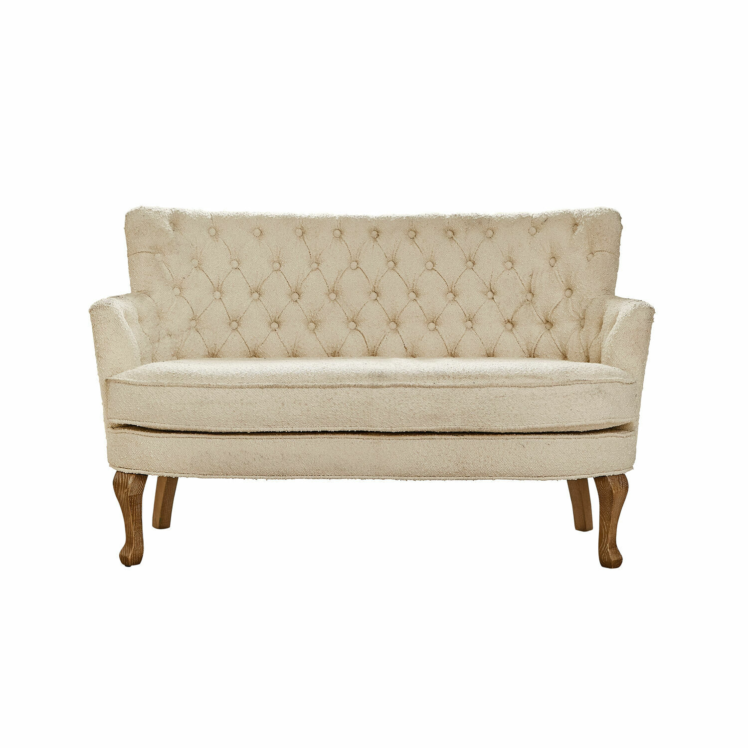beige Beiges Sofa Calgary aus weichem Stoff mit gesteppter Rückenlehne und Holzbeinen im Vintage-Stil