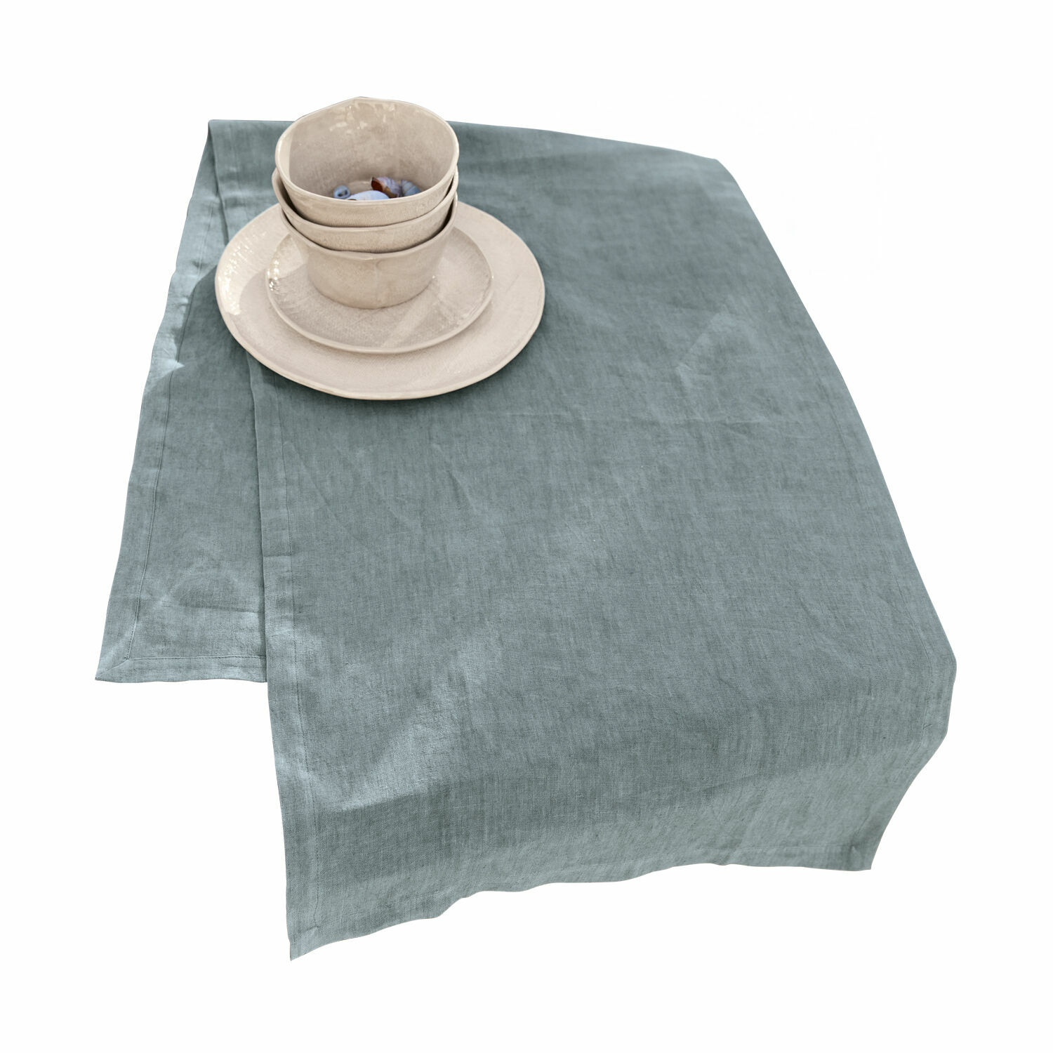 blau Blauer Tischläufer aus Leinen mit beiger Keramik, elegante Tischdekoration, Esszimmer-Textil