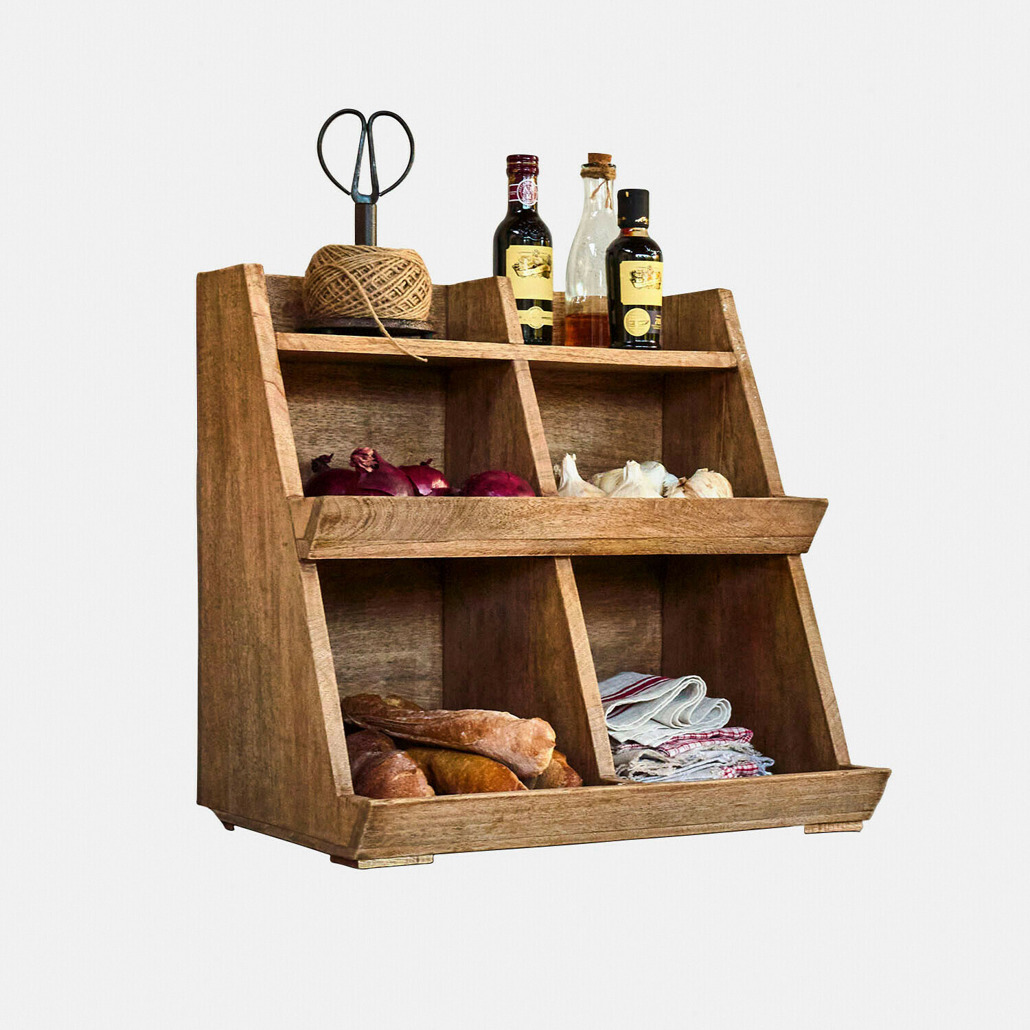 Küchenorganizer aus Holz mit Fächern für Gewürze, Brot und Stoffe in natürlicher Holzfarbe