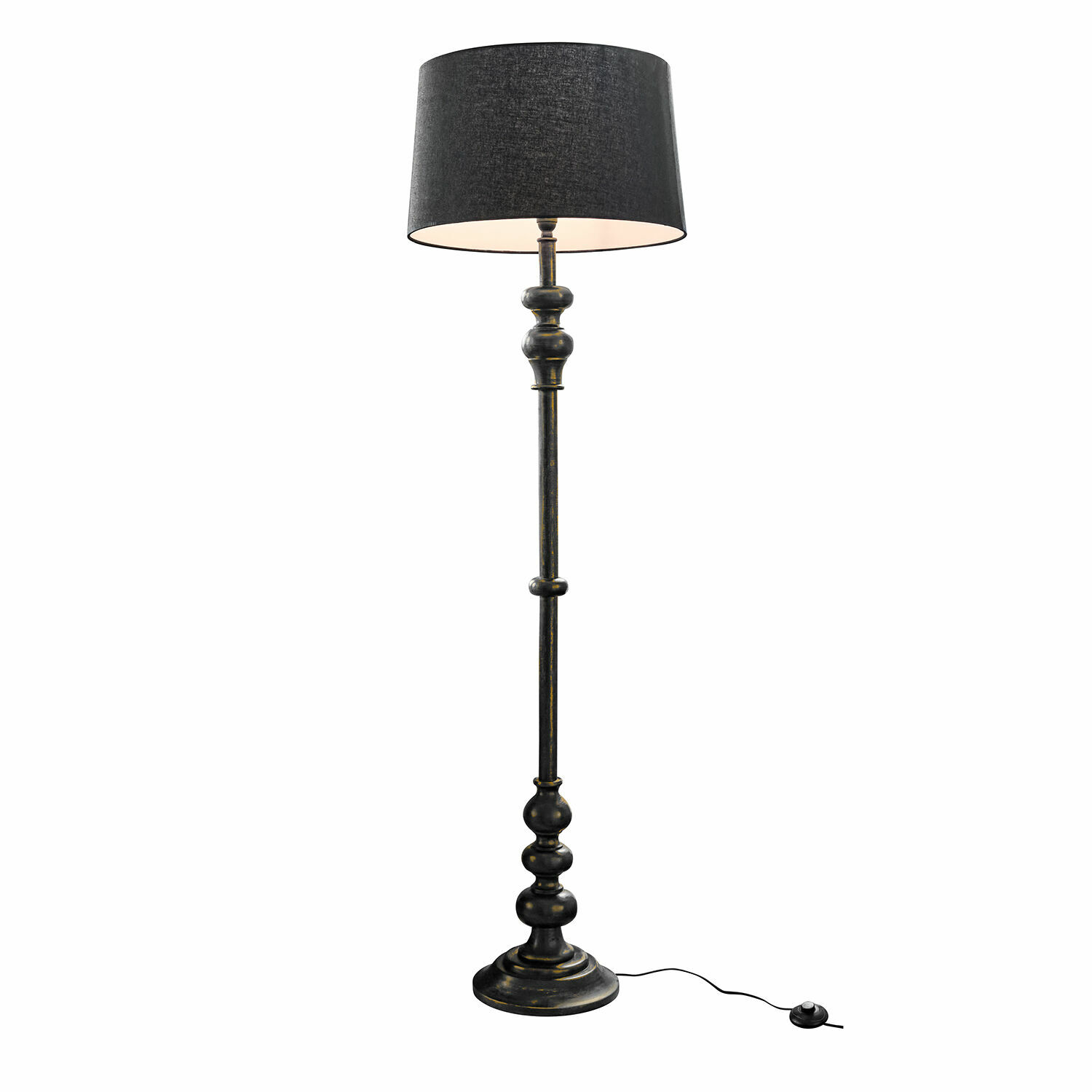 Stehlampe Reville Schwarze Stehlampe aus Metall mit Stoffschirm, Vintage-Stil für gemütliches Wohnzimmer
