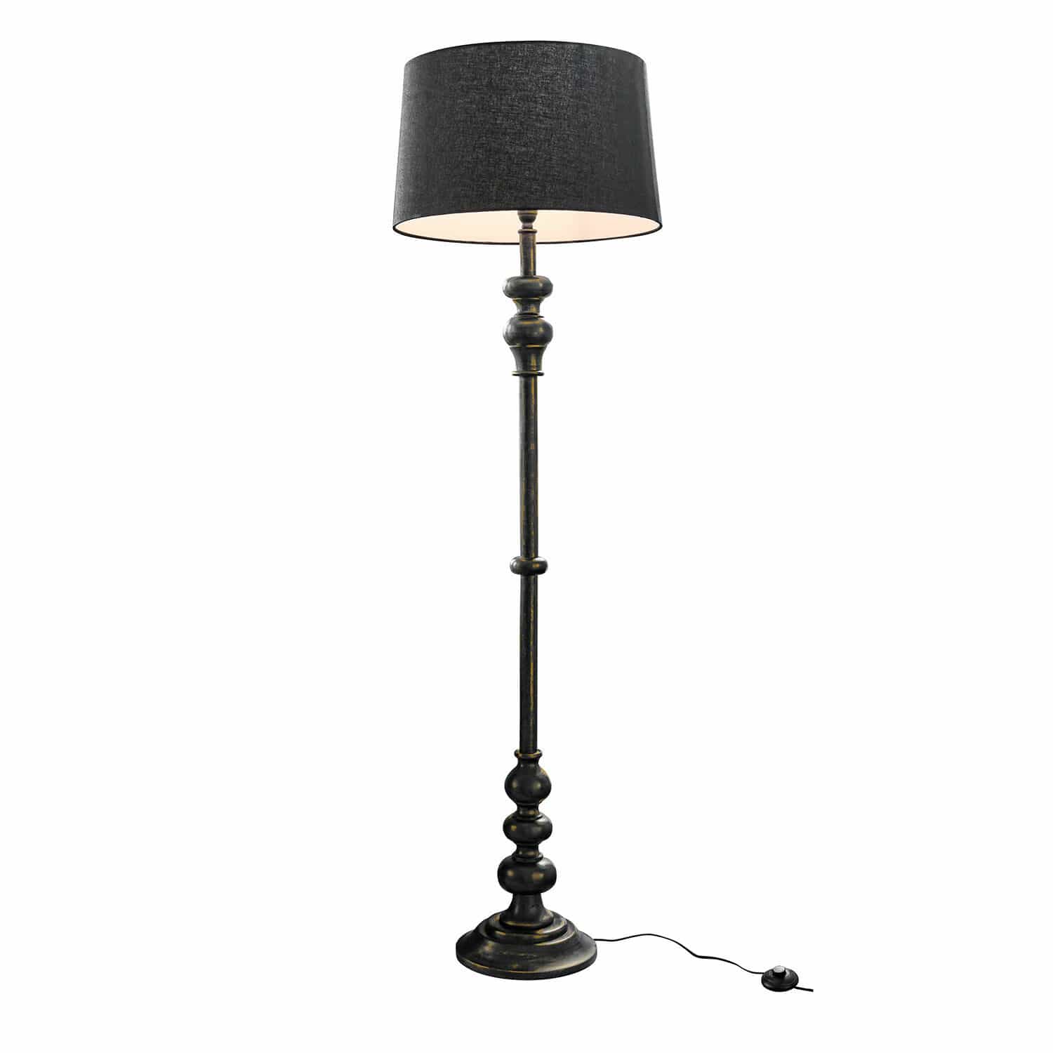 Stehlampe Reville Schwarze Stehlampe aus Metall mit Stoffschirm, Vintage-Stil für gemütliches Wohnzimmer