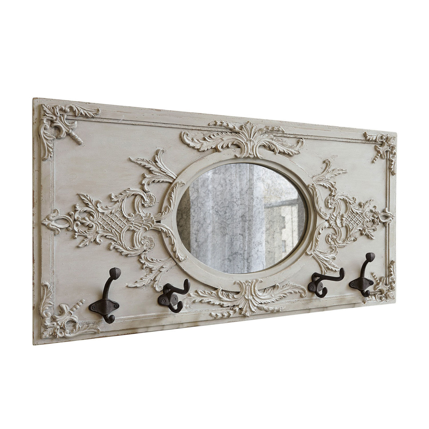 Garderobe Béatrice Verzierter Wandhaken aus Holz in Beige mit ovalem Spiegel und Metallhaken
