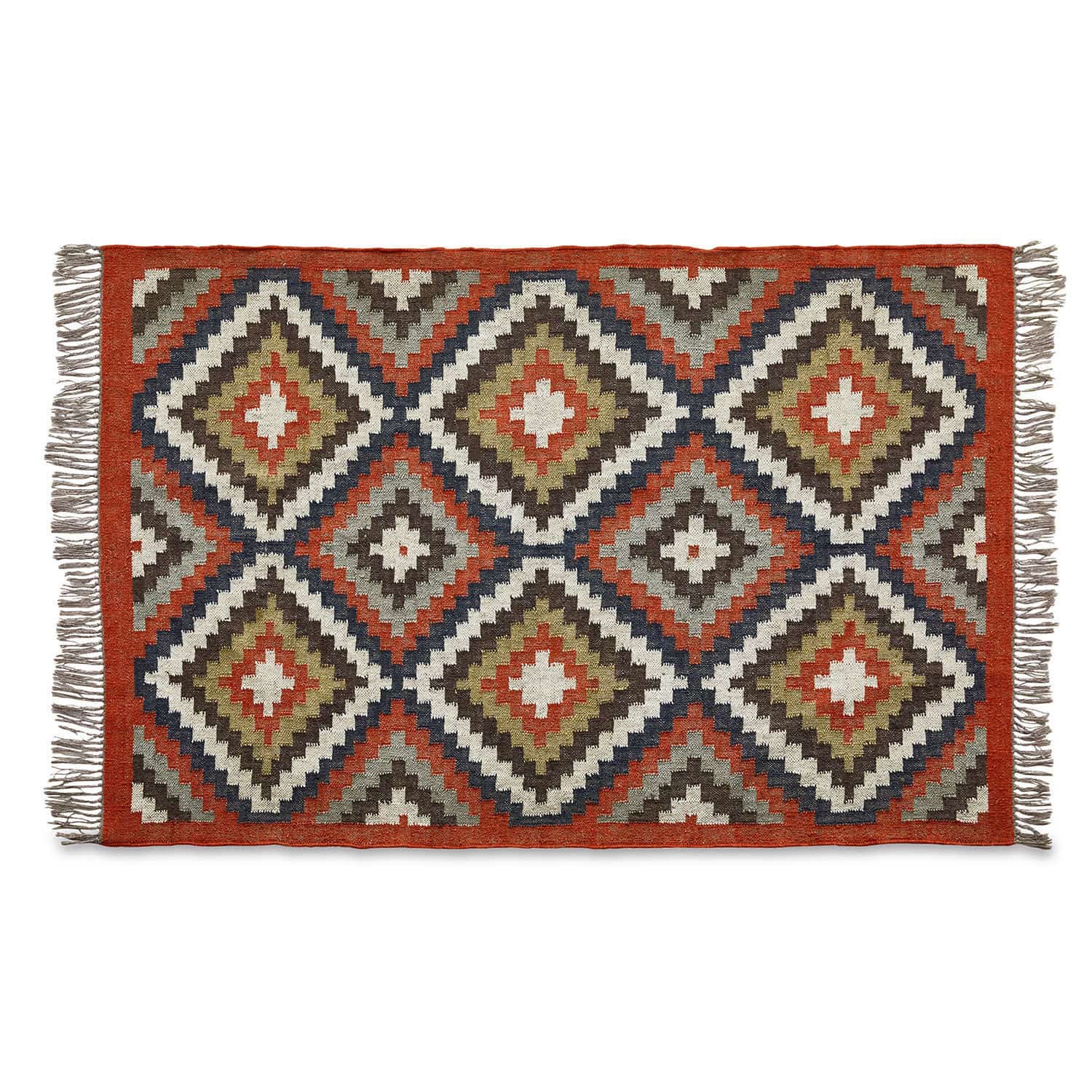 Teppich Dailies Gewebter Teppich mit geometrischem Muster in Rot, Grün und Beige, Wohntextil für Dekoration