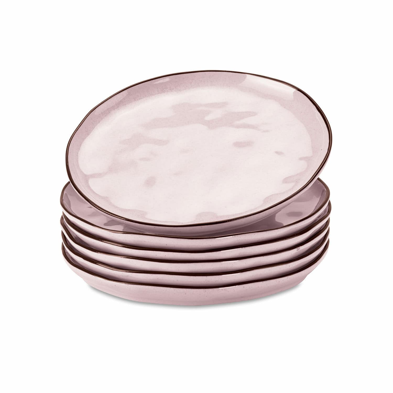 Dessertteller 6er Set Biarré Sechsteiliges Set aus hellrosa Keramiktellern mit braunem Rand zum Servieren