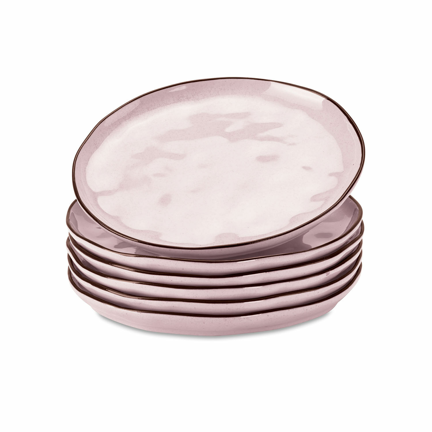 Dessertteller 6er Set Biarré Sechsteiliges Set aus hellrosa Keramiktellern mit braunem Rand zum Servieren