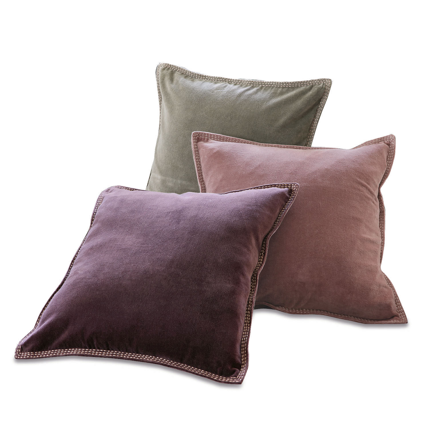 Kissen 3er Set Allonnes Set aus drei Samtkissen in Violett, Rosa und Grün für stilvolle Wohnraumdekoration