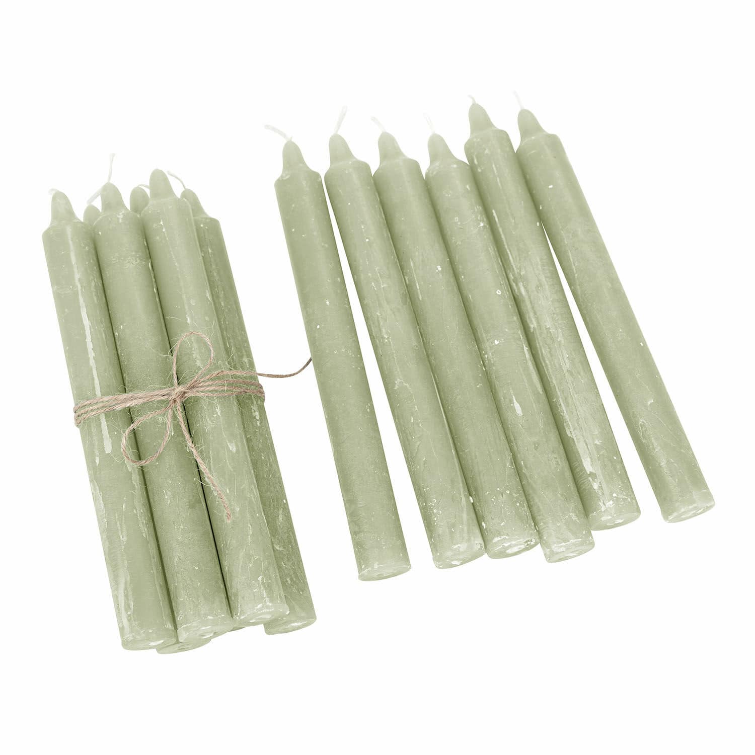 Kerze 12er Set Bauceau Set aus grünen Stabkerzen aus Wachs, mit Schnur gebunden, dekorative Kerzen für Zuhause