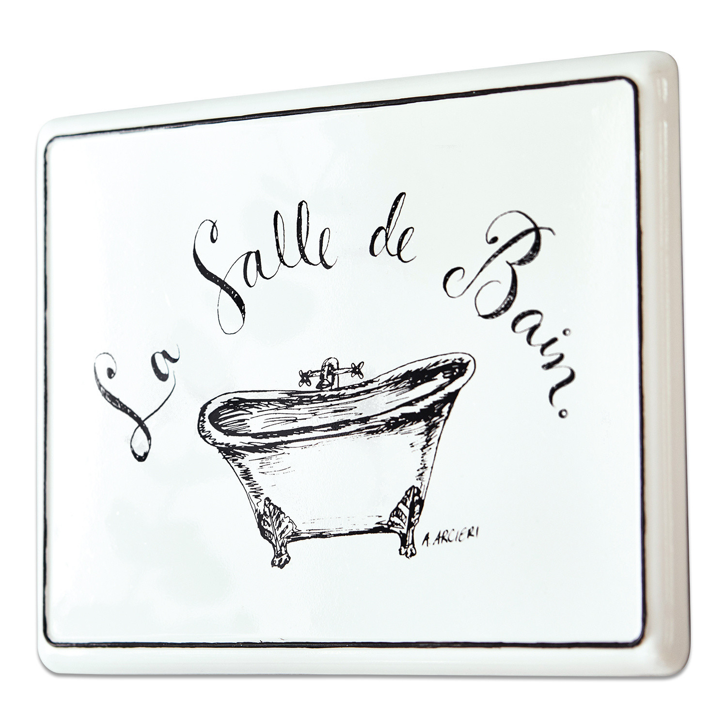 Deko-Schild La salle de bain Weiße Keramiktafel mit schwarzer Aufschrift La Salle de Bain und Badewannenzeichnung