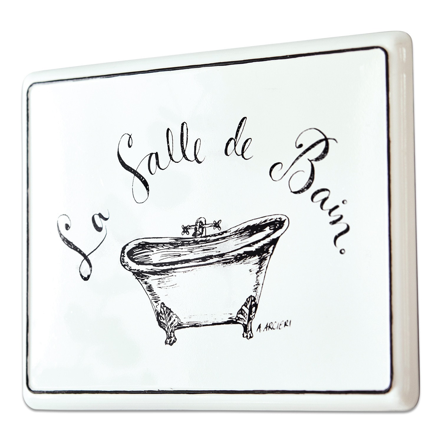 Deko-Schild La salle de bain Weiße Keramiktafel mit schwarzer Aufschrift La Salle de Bain und Badewannenzeichnung