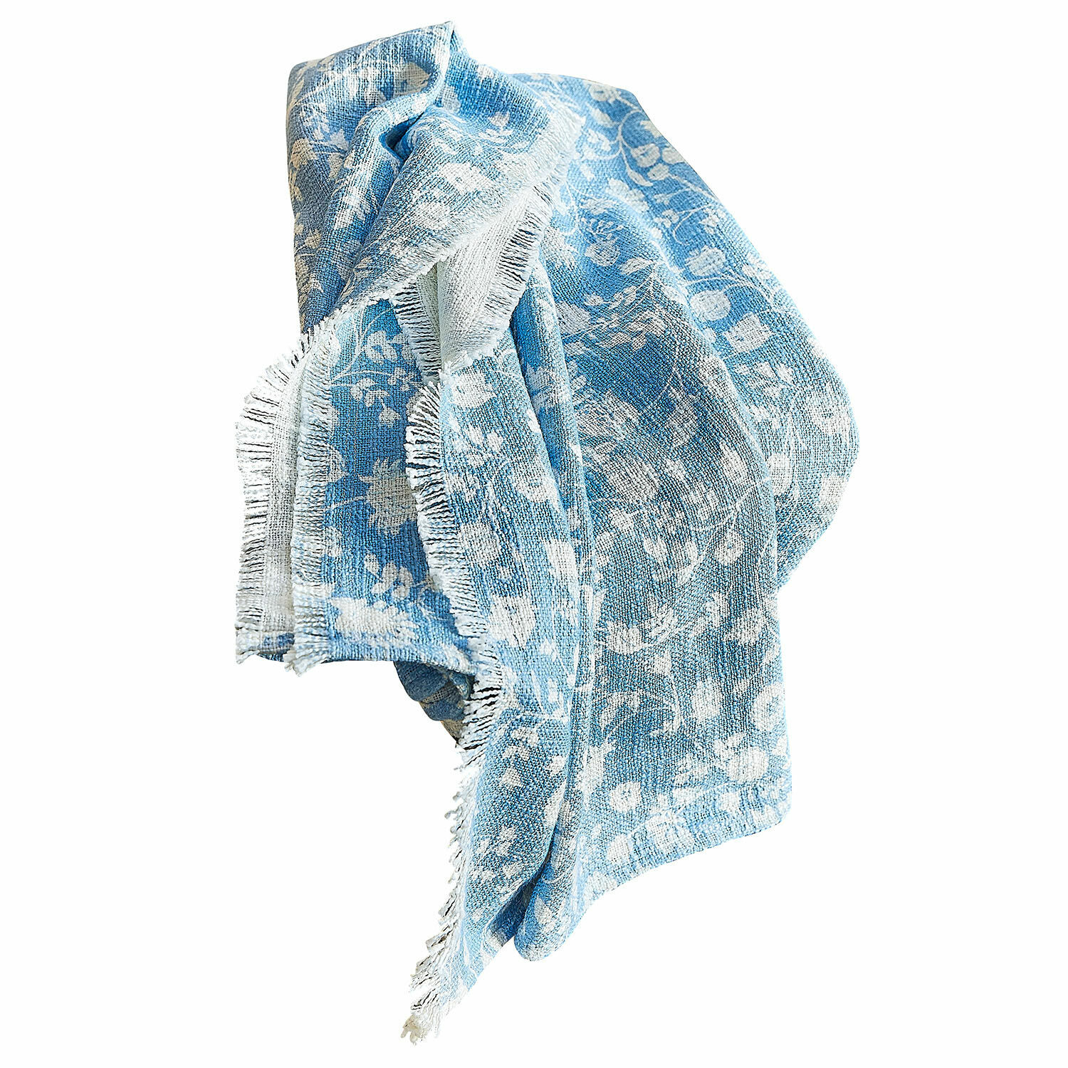 Plaid Corvelique Blauer Baumwollplaid mit weißem Blumenmuster und Fransen, weich und dekorativ