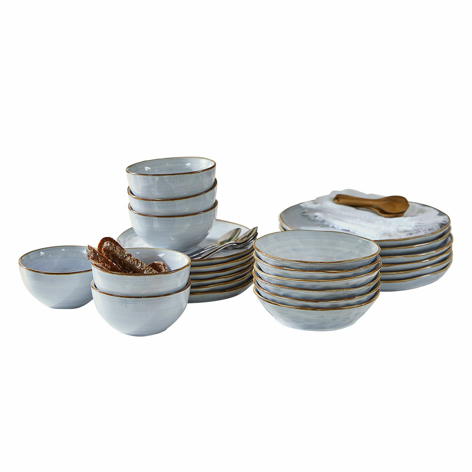 Geschirr 24er Set Veena Set aus grauem Keramikgeschirr mit braunem Rand, bestehend aus Tellern und Schalen für den Alltag