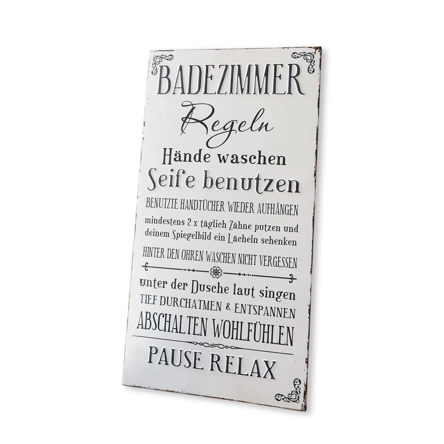 Dekoboard Chambord Metalltafel mit Badezimmerregeln in Schwarz-Weiß im Vintage-Stil zur Wanddekoration