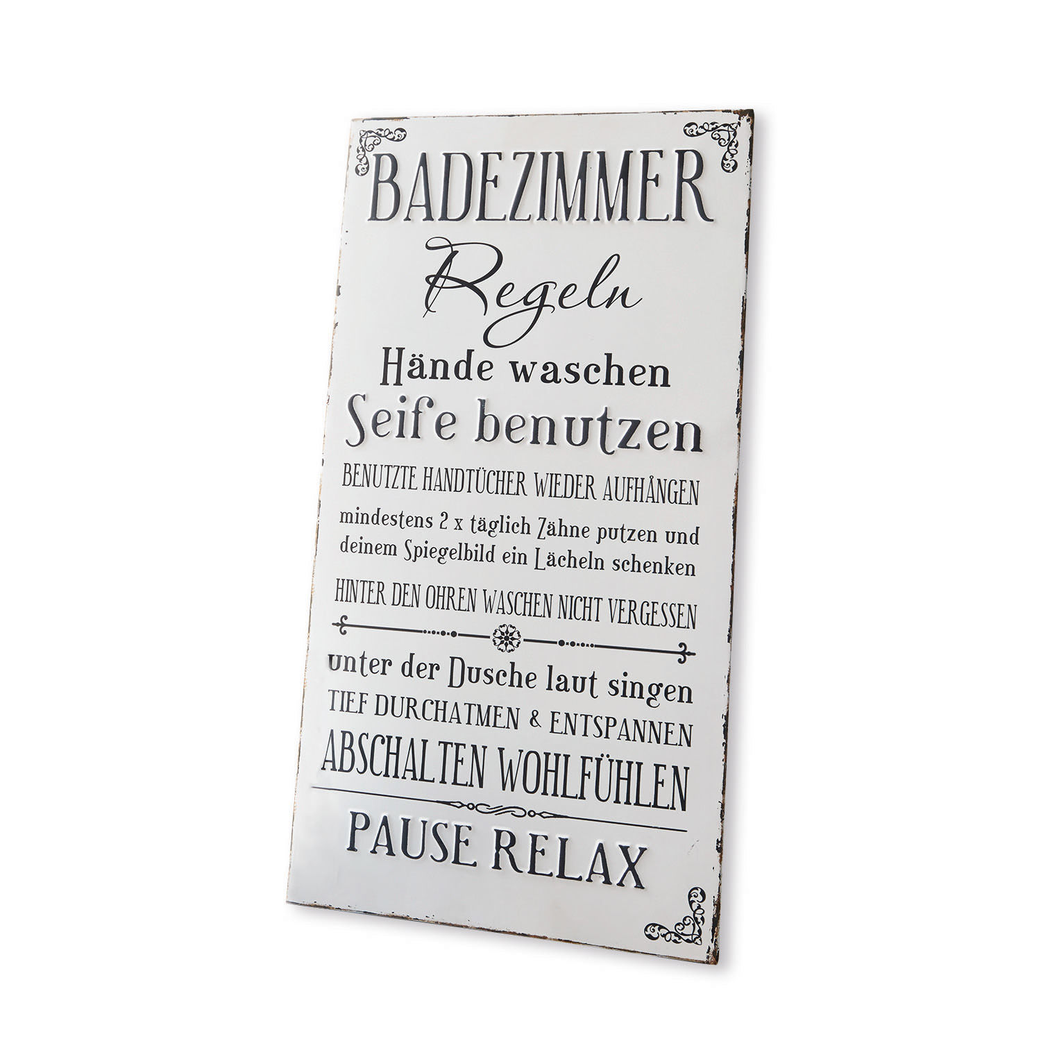 Dekoboard Chambord Metalltafel mit Badezimmerregeln in Schwarz-Weiß im Vintage-Stil zur Wanddekoration
