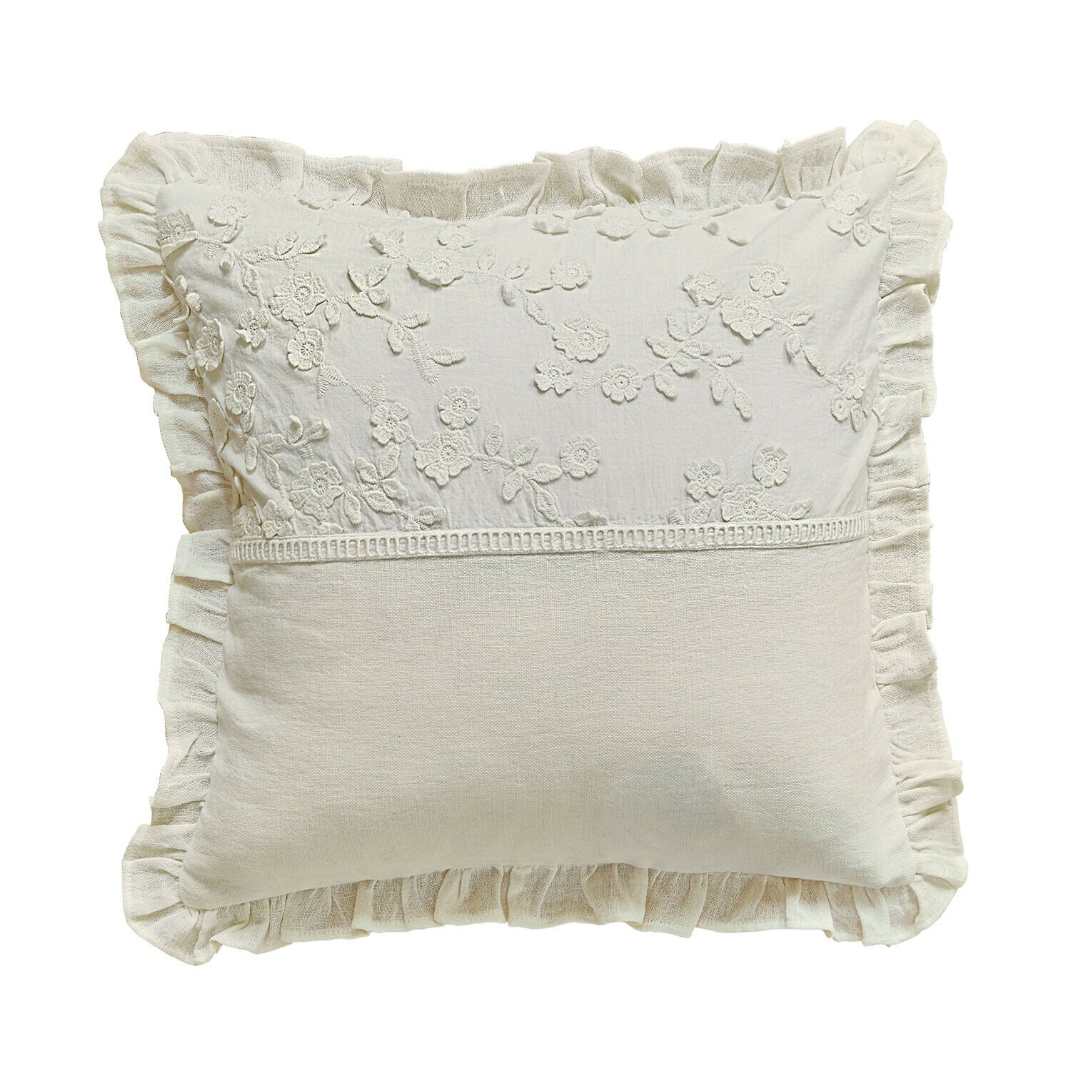 Kissenhülle Lunérie Beige Baumwollkissen mit bestickten Blumen und Rüschen, rustikaler Dekostil