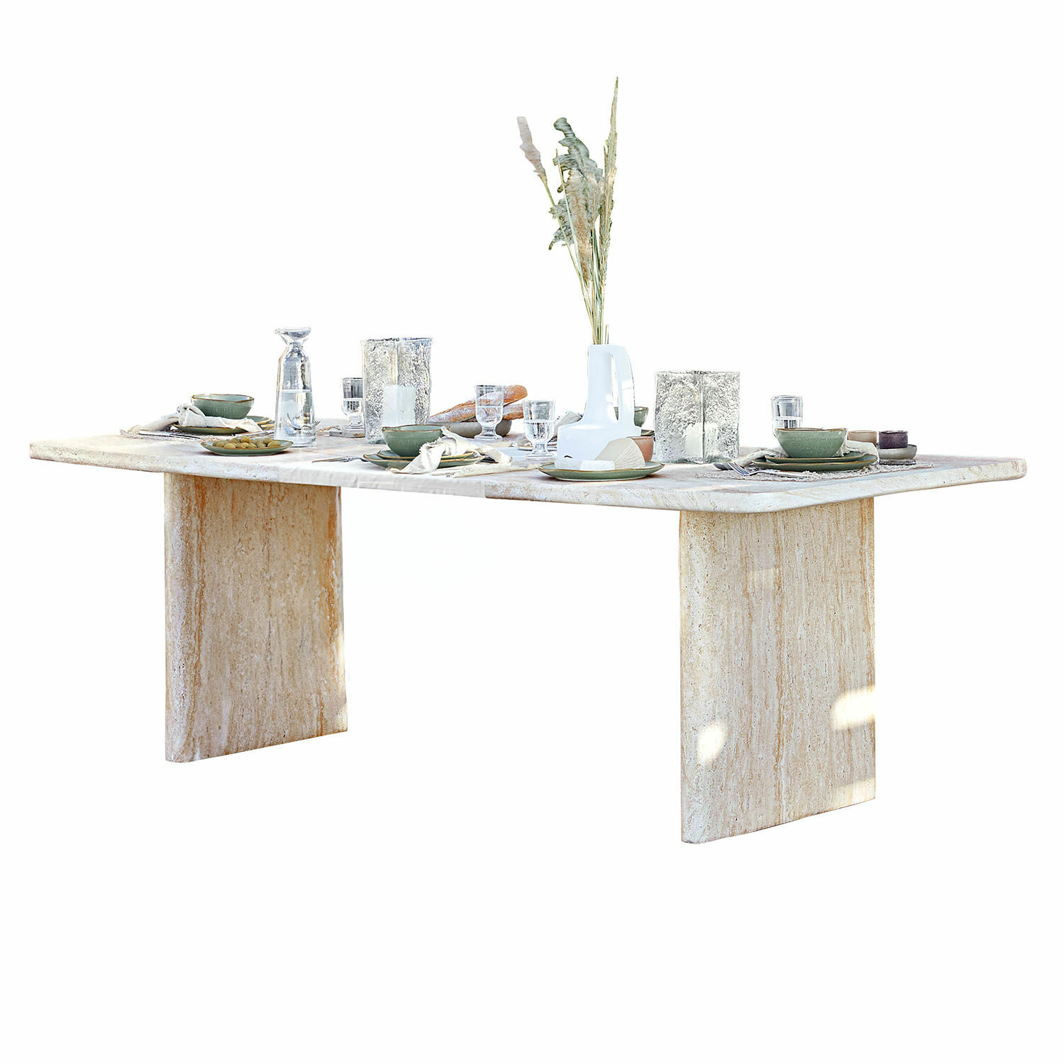 Esstisch Yveline Esstisch aus hellem Marmor mit Tischdekoration und grünen Geschirr, modernes Design