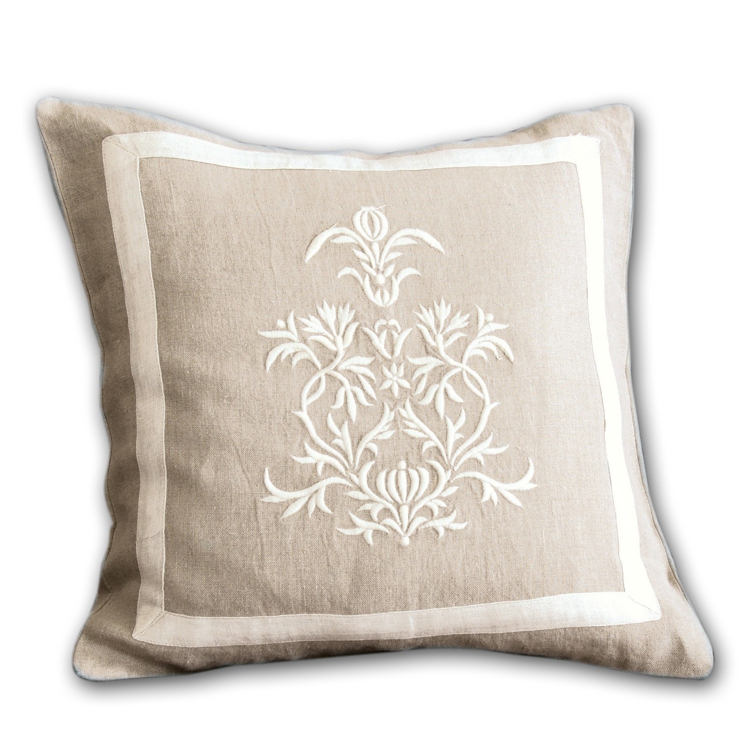 Kissenhülle Many Beige Leinenkissen mit weißer Stickerei und Rahmen, dekoratives Kissen für Wohnzimmer und Schlafzimmer