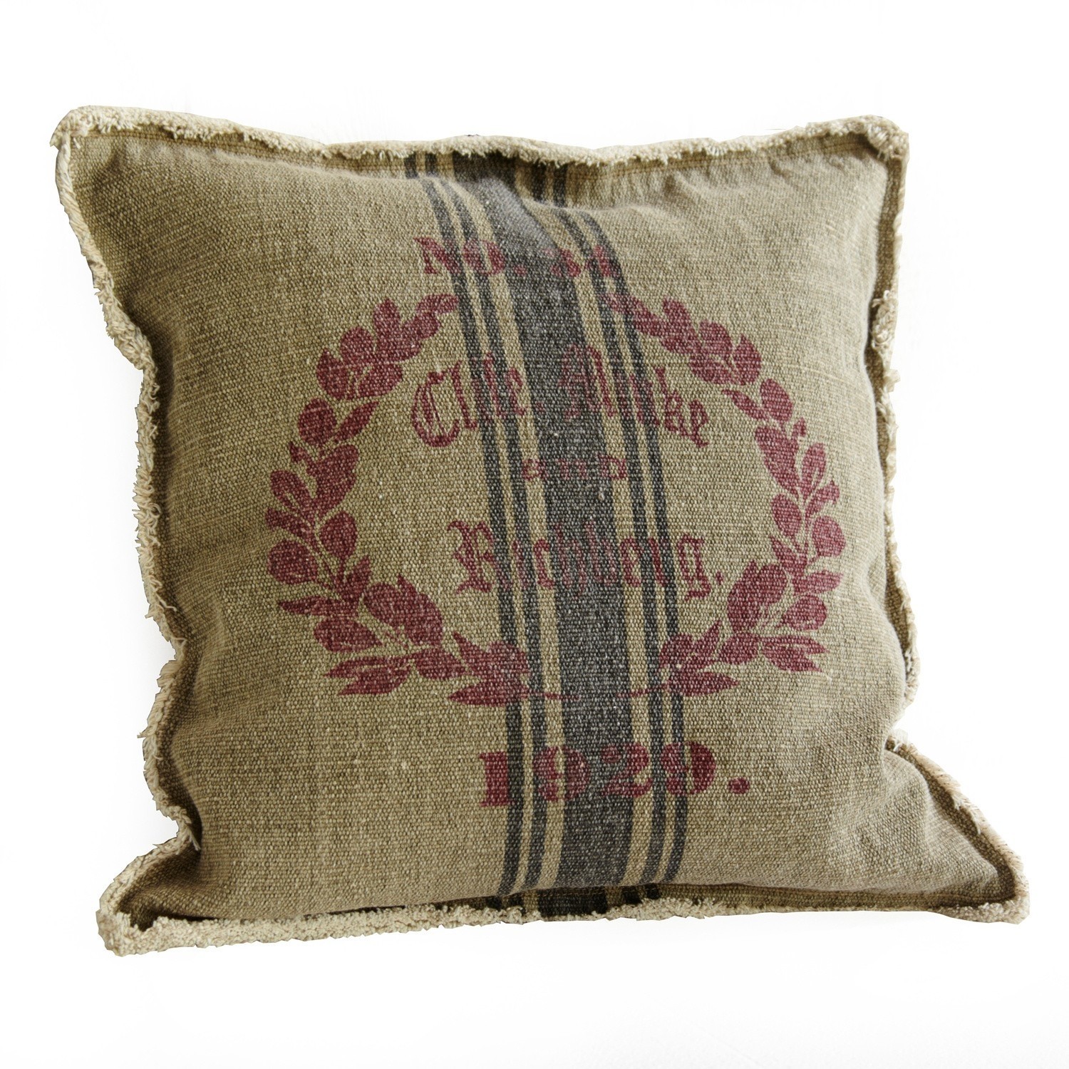 Kissen Bithberg Beige Leinenkissen mit rotem Druck und Fransen, Vintage-Stil für gemütliches Wohnen