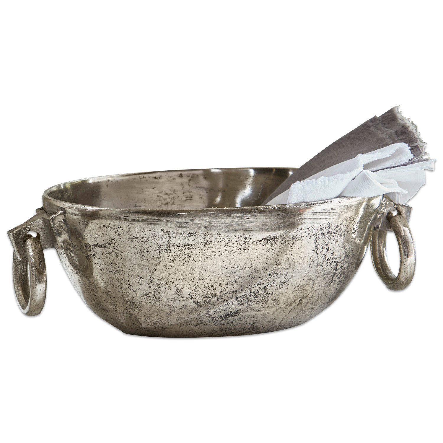 Schale Starlett Dekorative Metallschale in Silber mit Griffen und Leinenservietten im rustikalen Stil