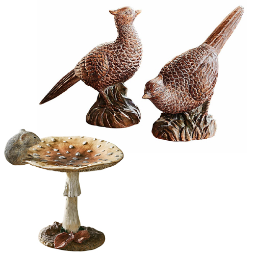 Dekorative Vogel-Figuren und Pilzschale mit Mausmotiv in braunen Farbtönen