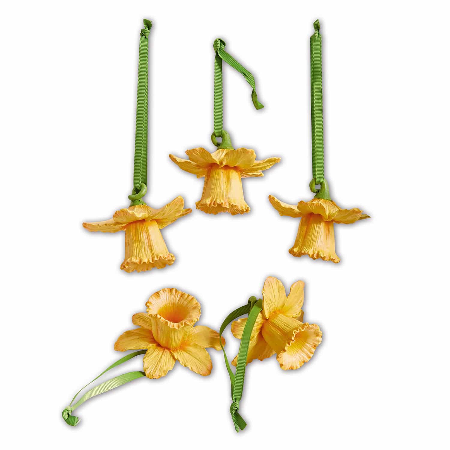 Anhänger 5er Set Lozere Fünf gelbe Blumenanhänger mit grünen Bändern als frühlingshafte Dekoration