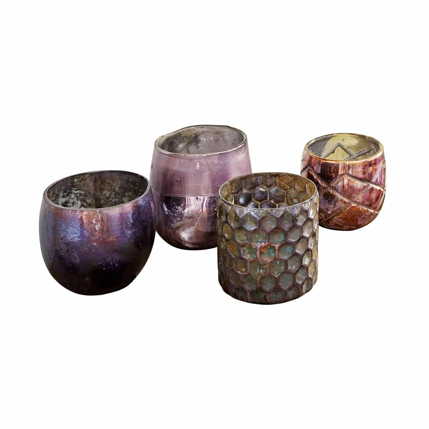 Windlicht 4er Set Marine Set aus vier Glas-Teelichthaltern in Violett- und Brauntönen mit verschiedenen Strukturen und Mustern