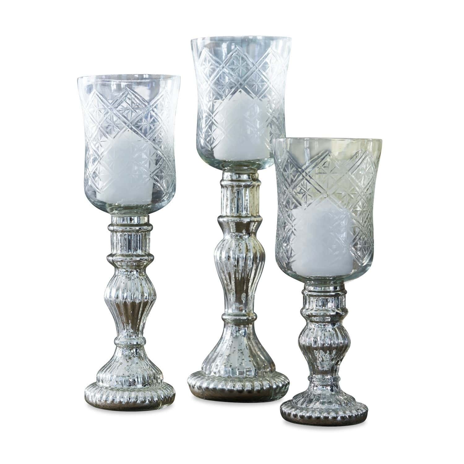 Windlicht 3er Set Celestin Drei dekorative Glas-Kerzenhalter mit weißen Kerzen und silberner, verzierter Basis