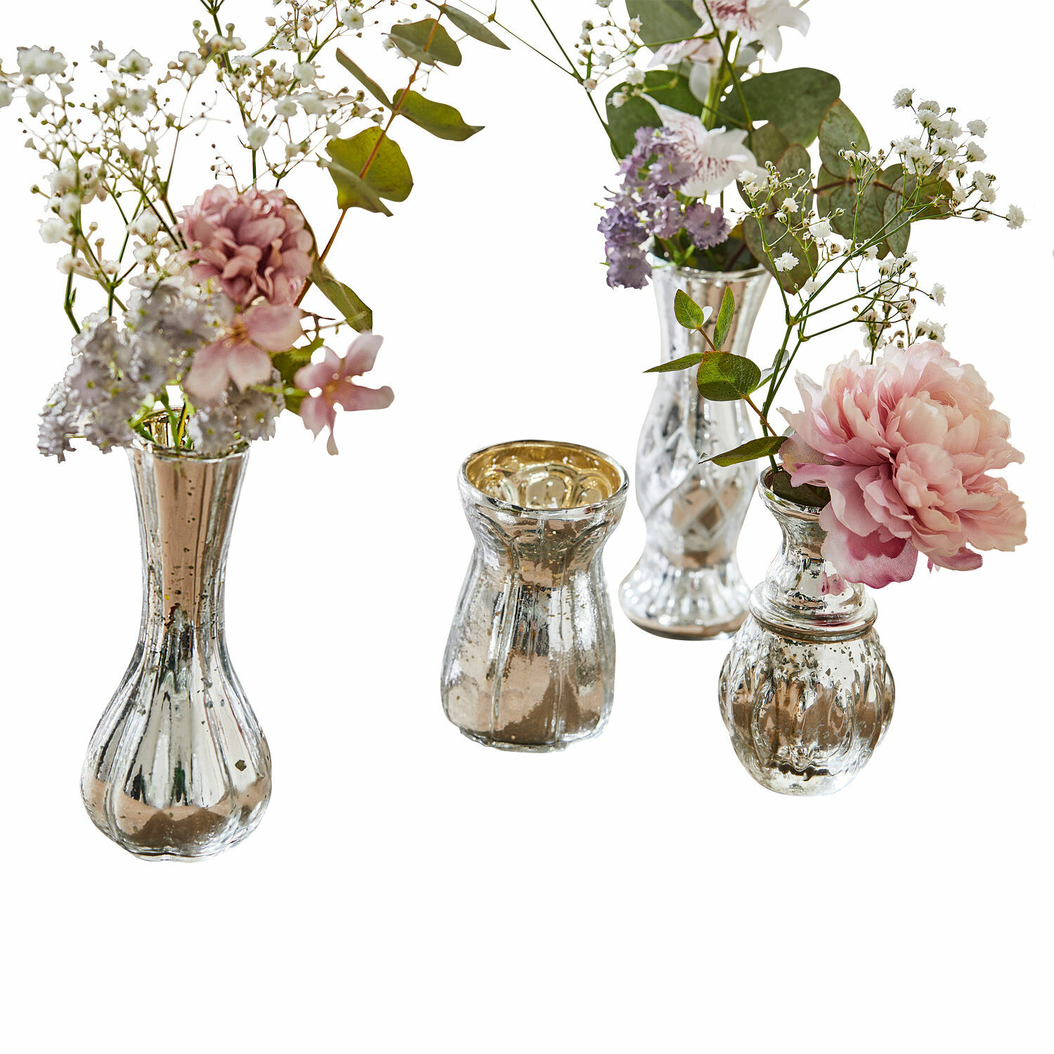 Deko-Vase 4er Set Maelie Set aus vier silbernen Glasvasen mit dekorativen Blumen für die Inneneinrichtung