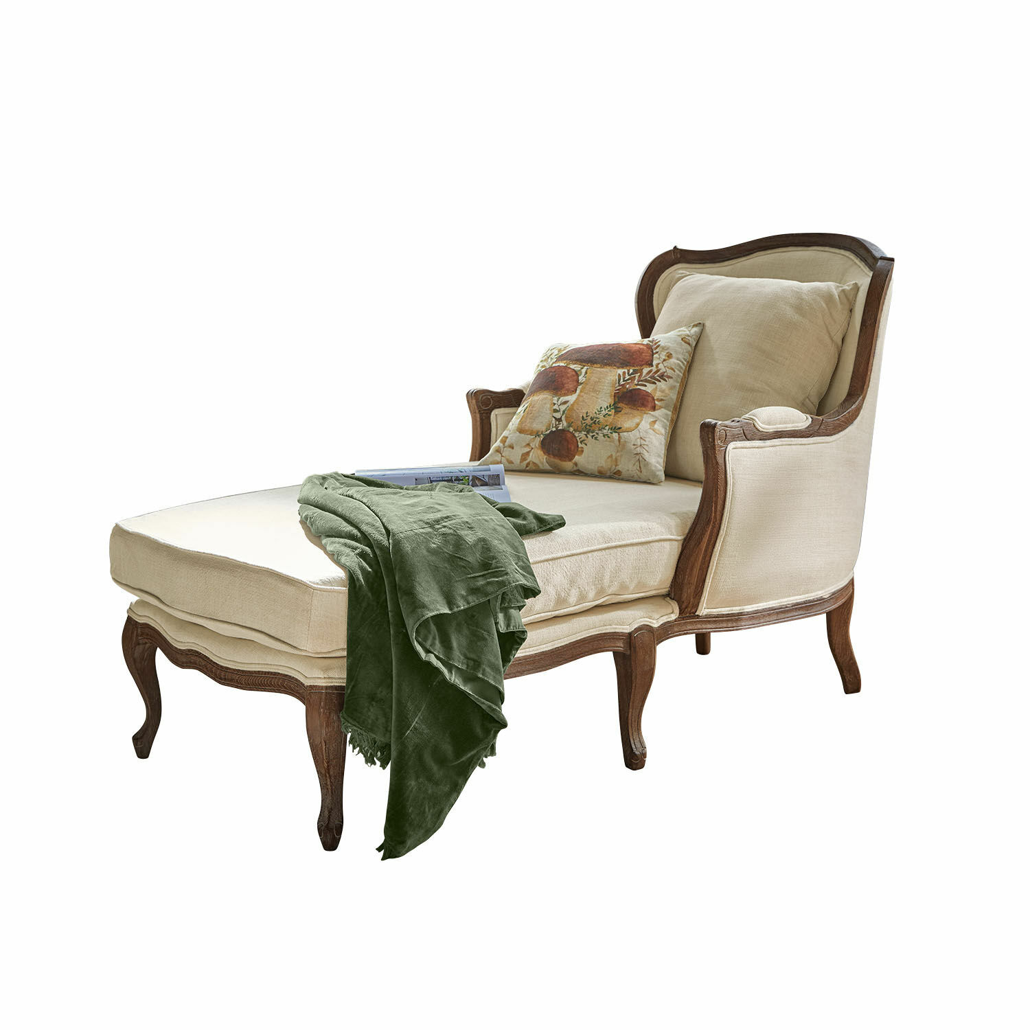 Chaiselongue Muel Elegante Chaiselongue mit beigem Stoffbezug und Holzrahmen, grünem Überwurf und Pilzmotiv-Kissen