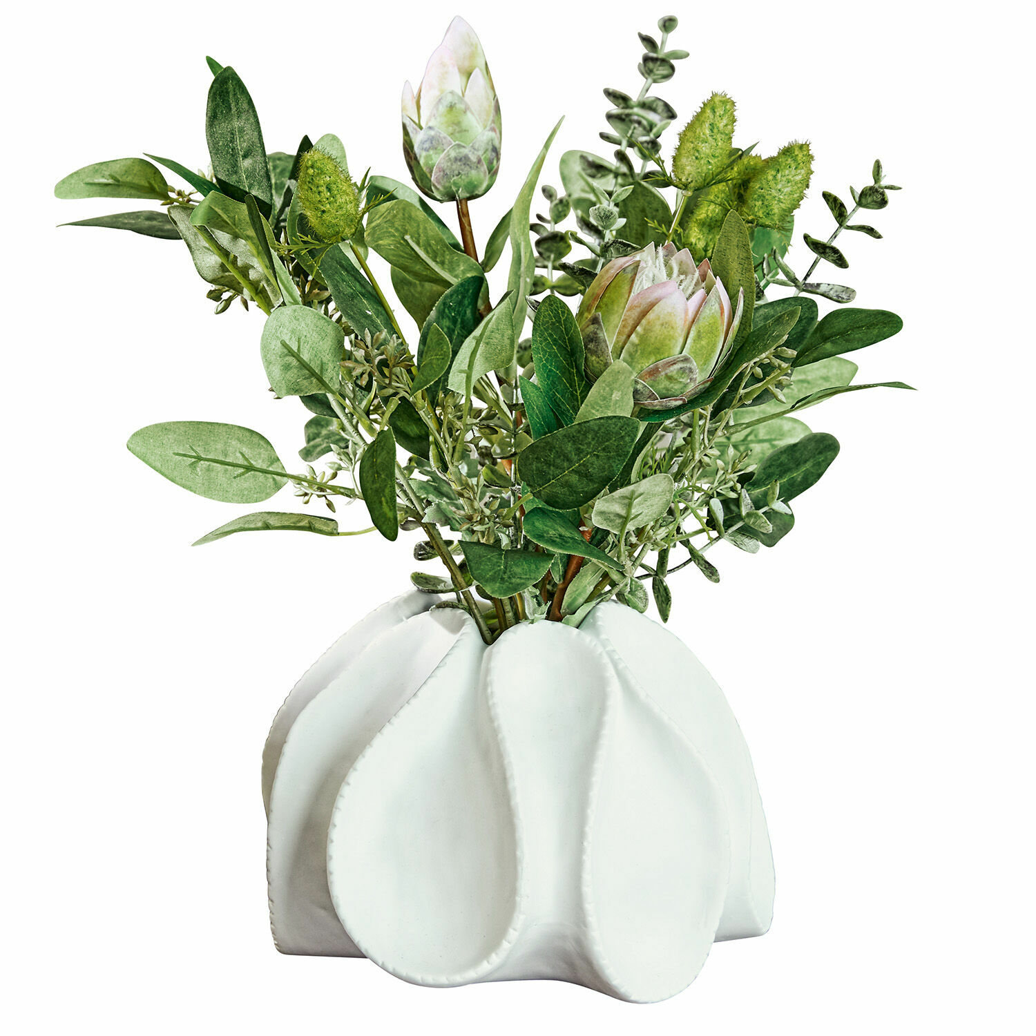 Deko-Vase Dollon Weiße Keramikvase mit grünen Blättern und dekorativen Blumen für Wohnräume