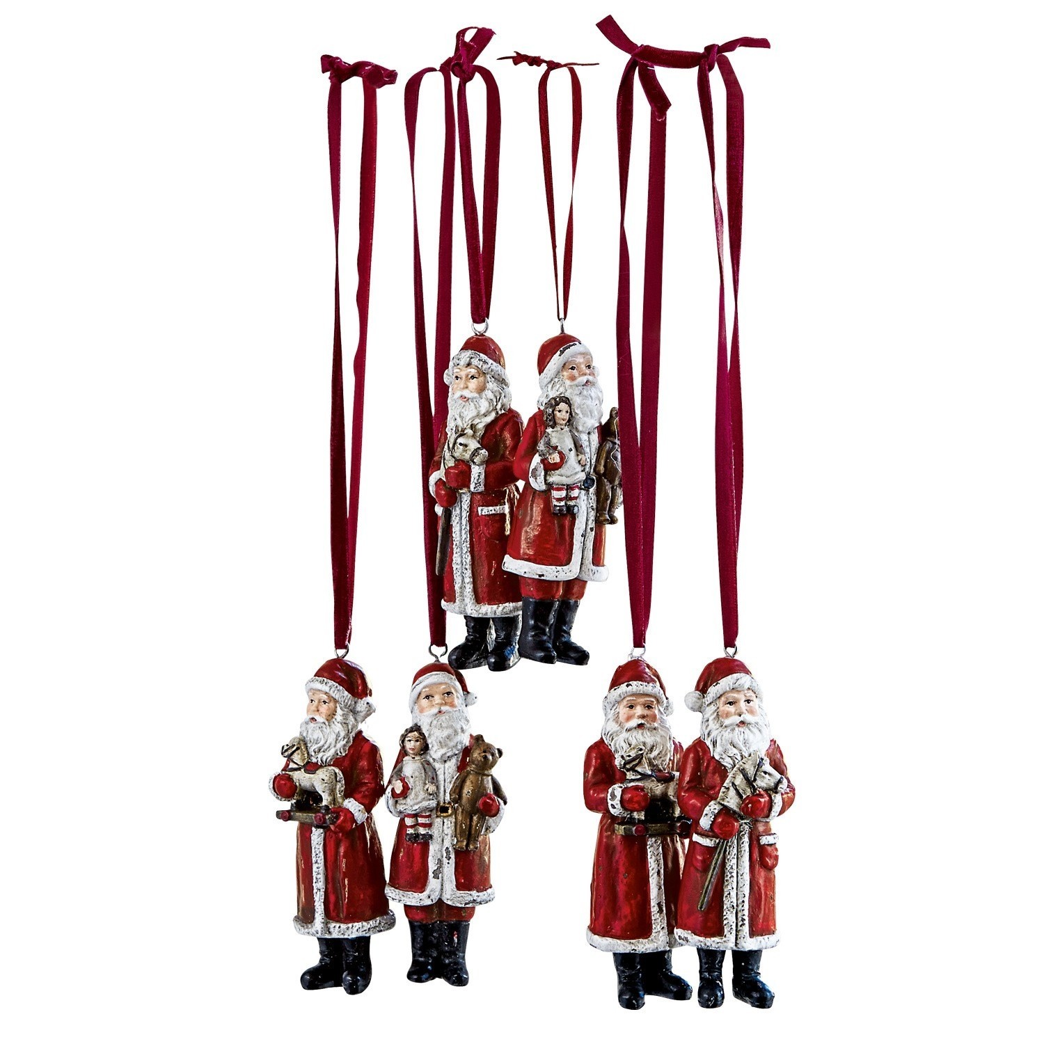 Weihnachtsmann 6er Set Corvin Set aus roten Weihnachtsmann-Dekorationen aus Material mit Bändern zum Aufhängen