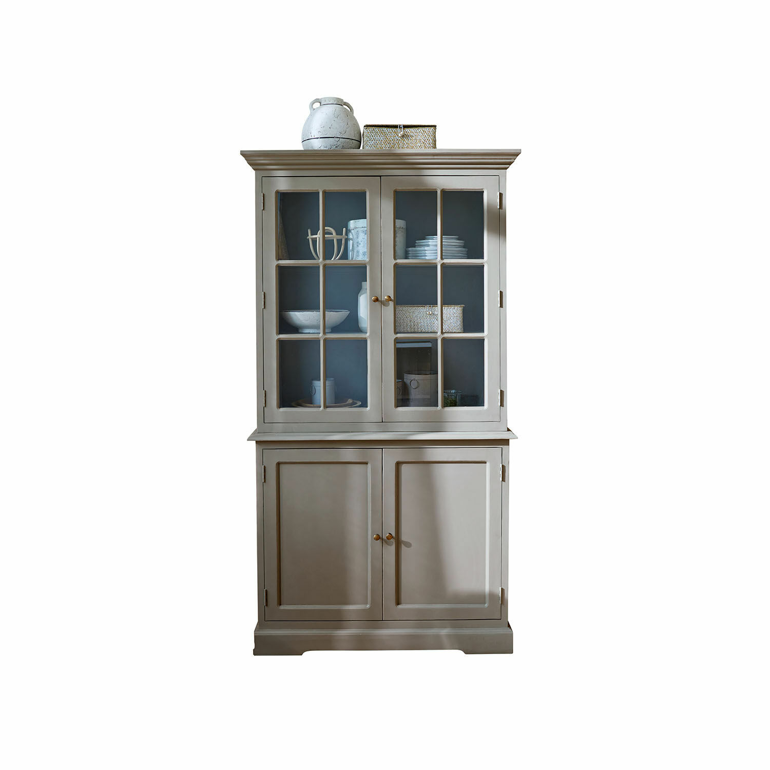 Grauer Holzvitrinenschrank mit Glastüren und Regalen für Geschirr, Wohnzimmermöbel