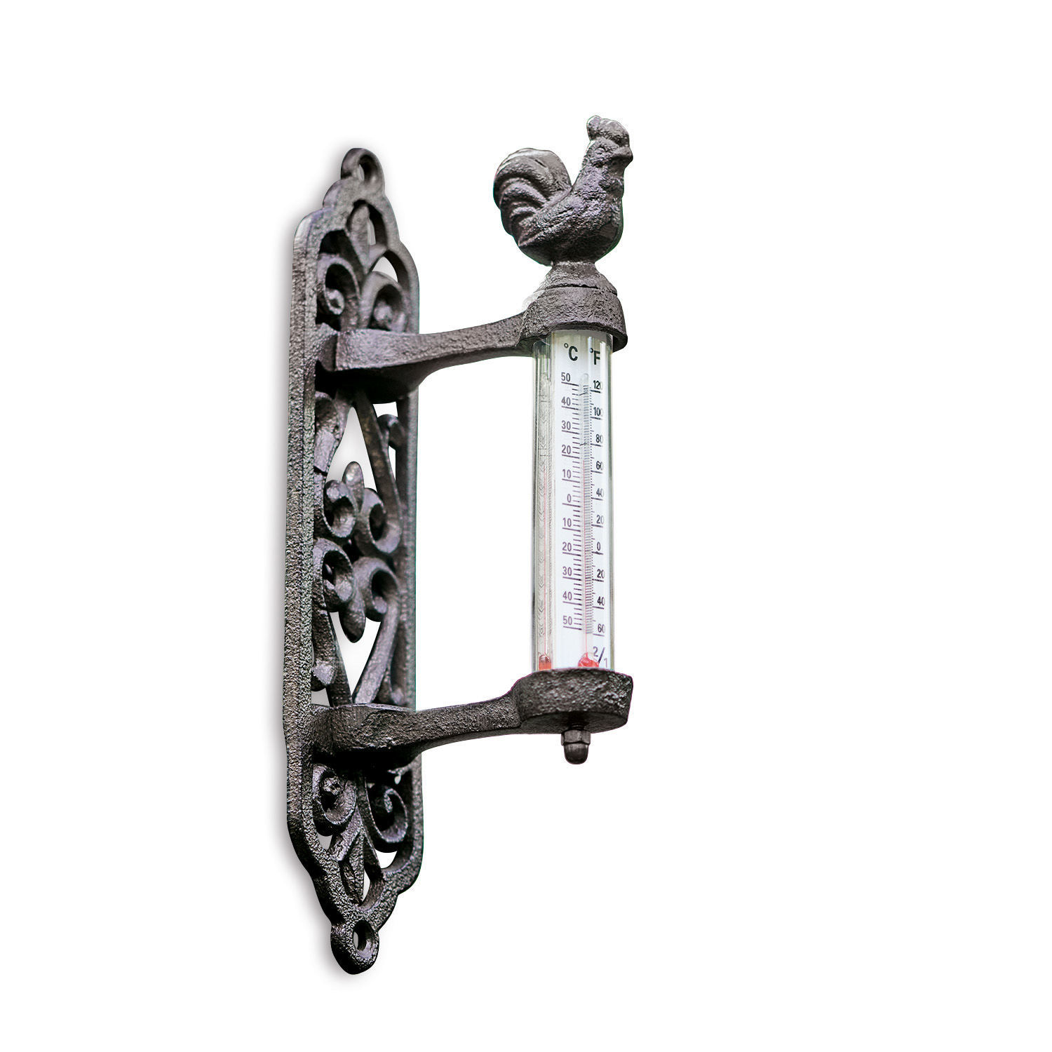 Thermometer Seraux Schwarzes Gusseisen-Wandthermometer mit dekorativem Hahn zur Außentemperaturmessung