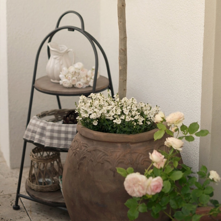 Großer Keramiktopf mit weißen Blumen und Rosen neben einem Metallregal mit Krug und Laterne