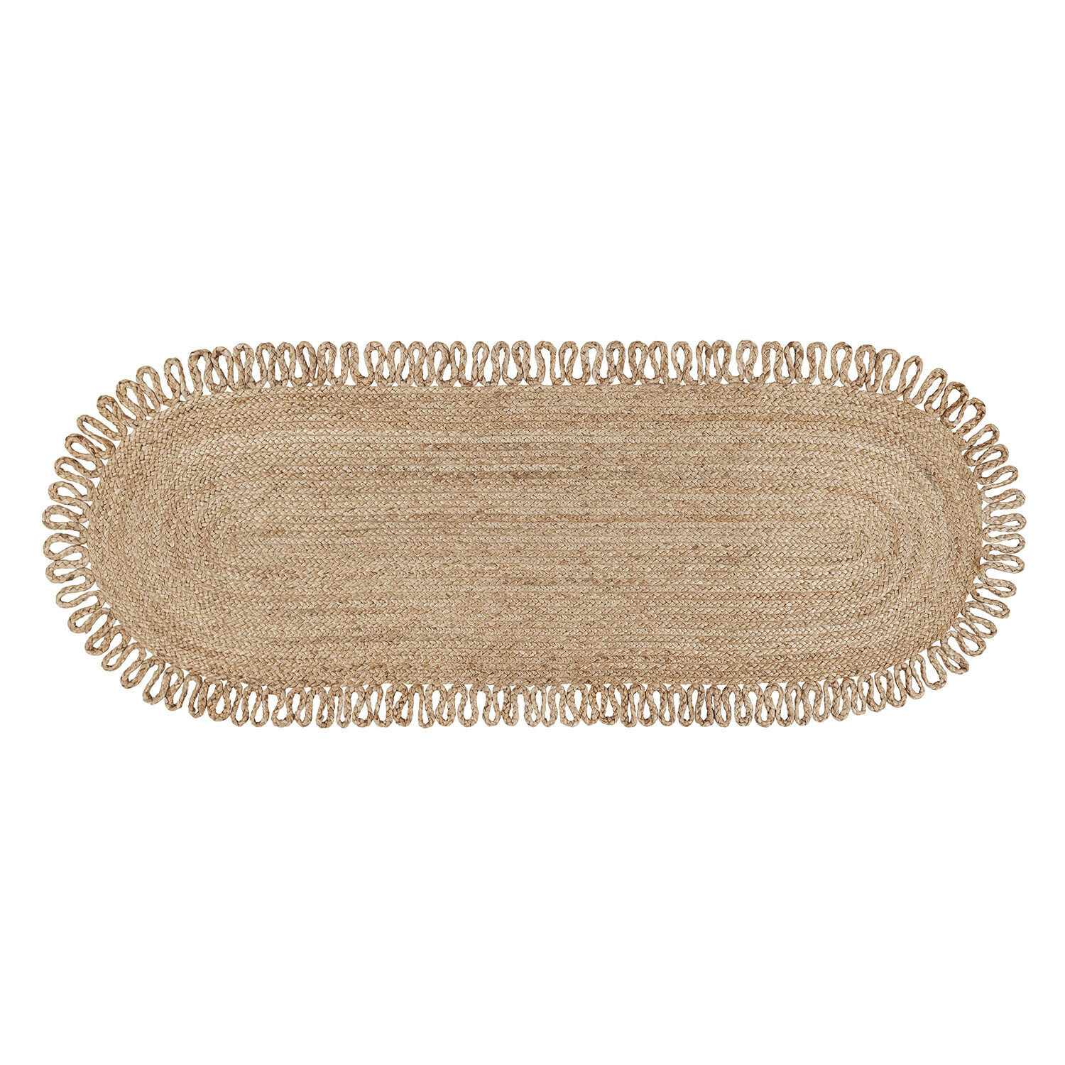 Ovaler Teppich aus natürlicher Jute in Beige mit dekorativen Schlaufen am Rand, Bodendekoration