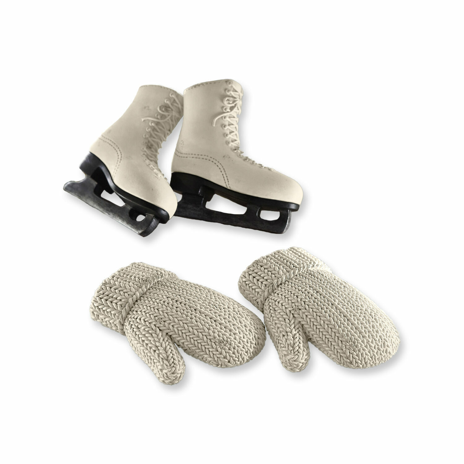 Anhänger 4er Set Collines Weiße Leder-Eislaufschuhe mit beigen gestrickten Fäustlingen, Winterzubehör für Eissport