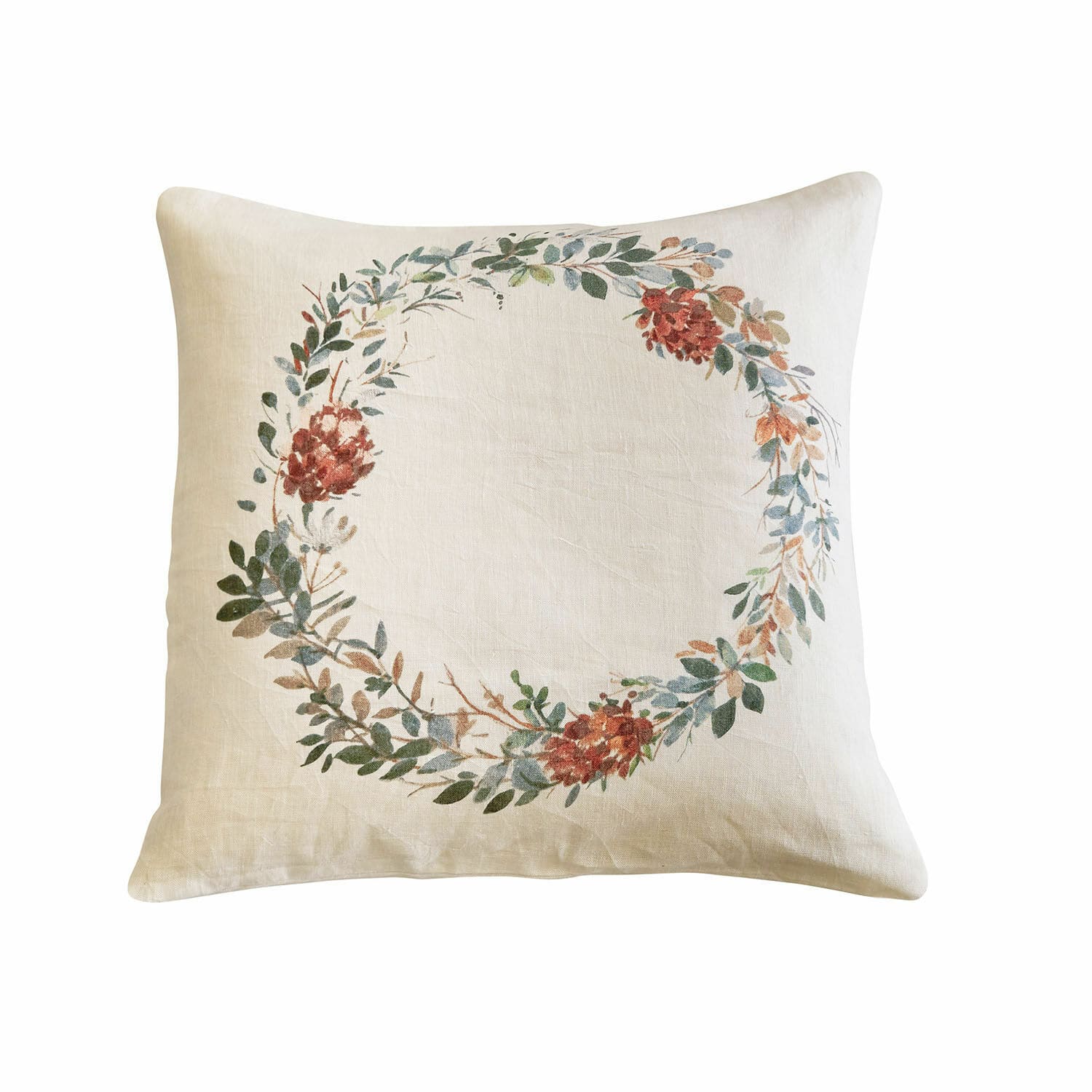 Kissenhülle Torge Beige Leinenkissen mit dekorativem Kranz aus Blättern und roten Blumen für Wohnzimmer