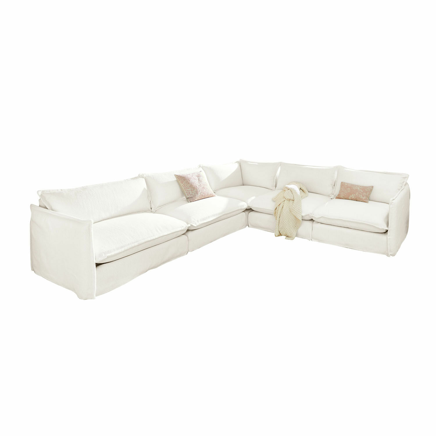 Sofa Illingworth Großes hellbeiges Ecksofa mit Kissen und weicher Decke für gemütliches Wohnzimmer