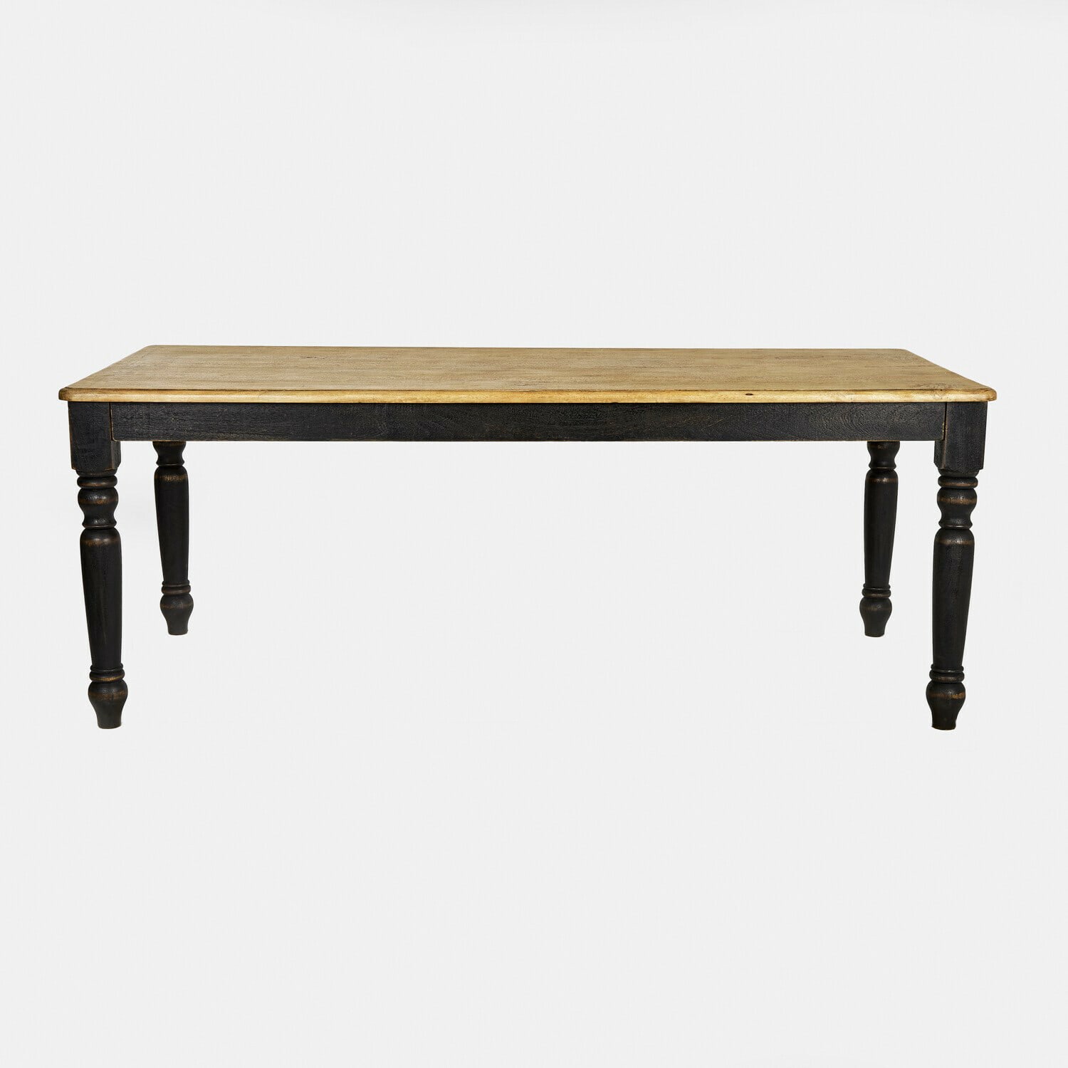 Holztisch mit hellem Tischblatt und schwarzen, gedrechselten Beinen für Esszimmer