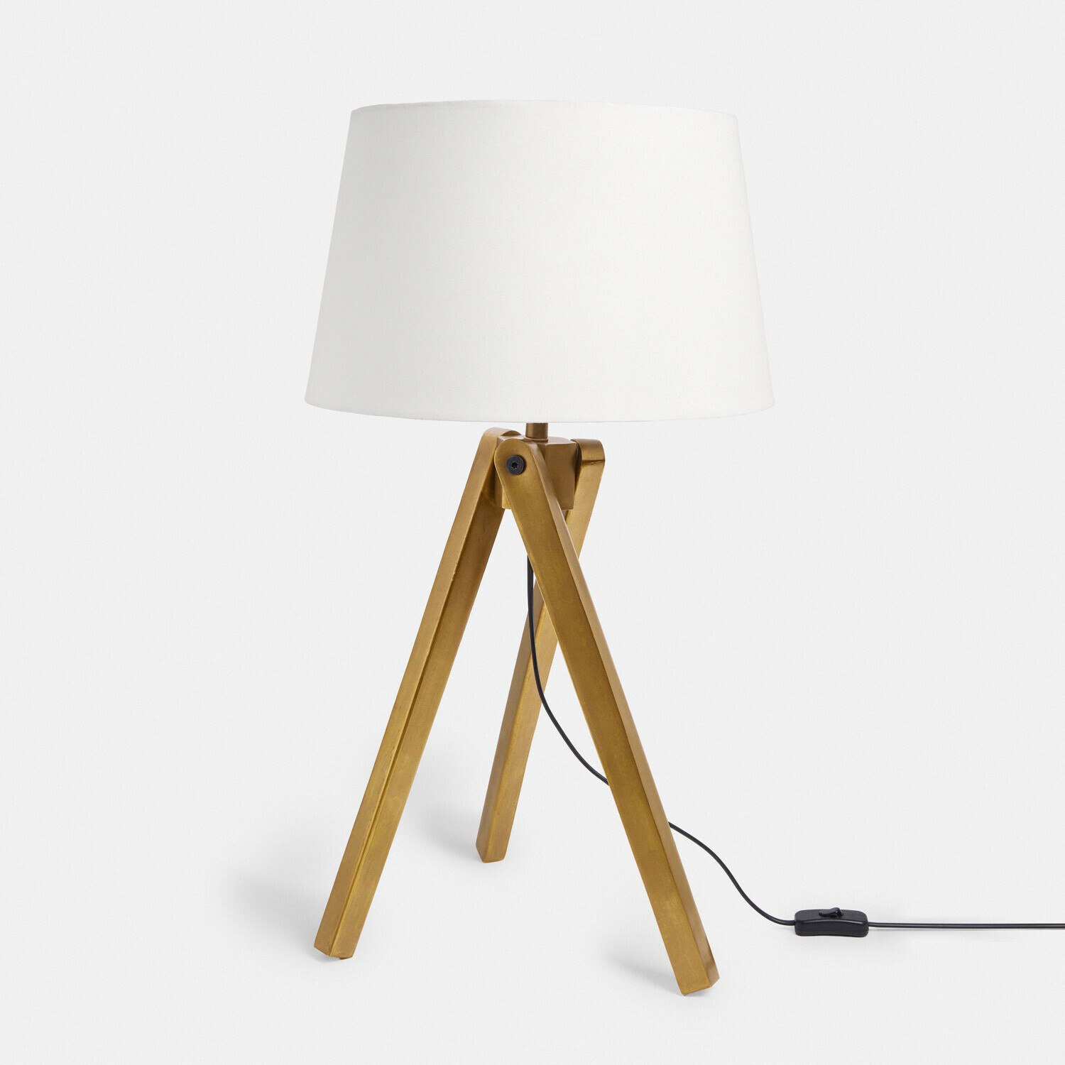 Tischlampe Kelvio Tischlampe mit weißem Lampenschirm und goldfarbenem Holz-Dreibeinfuß für Wohnzimmer