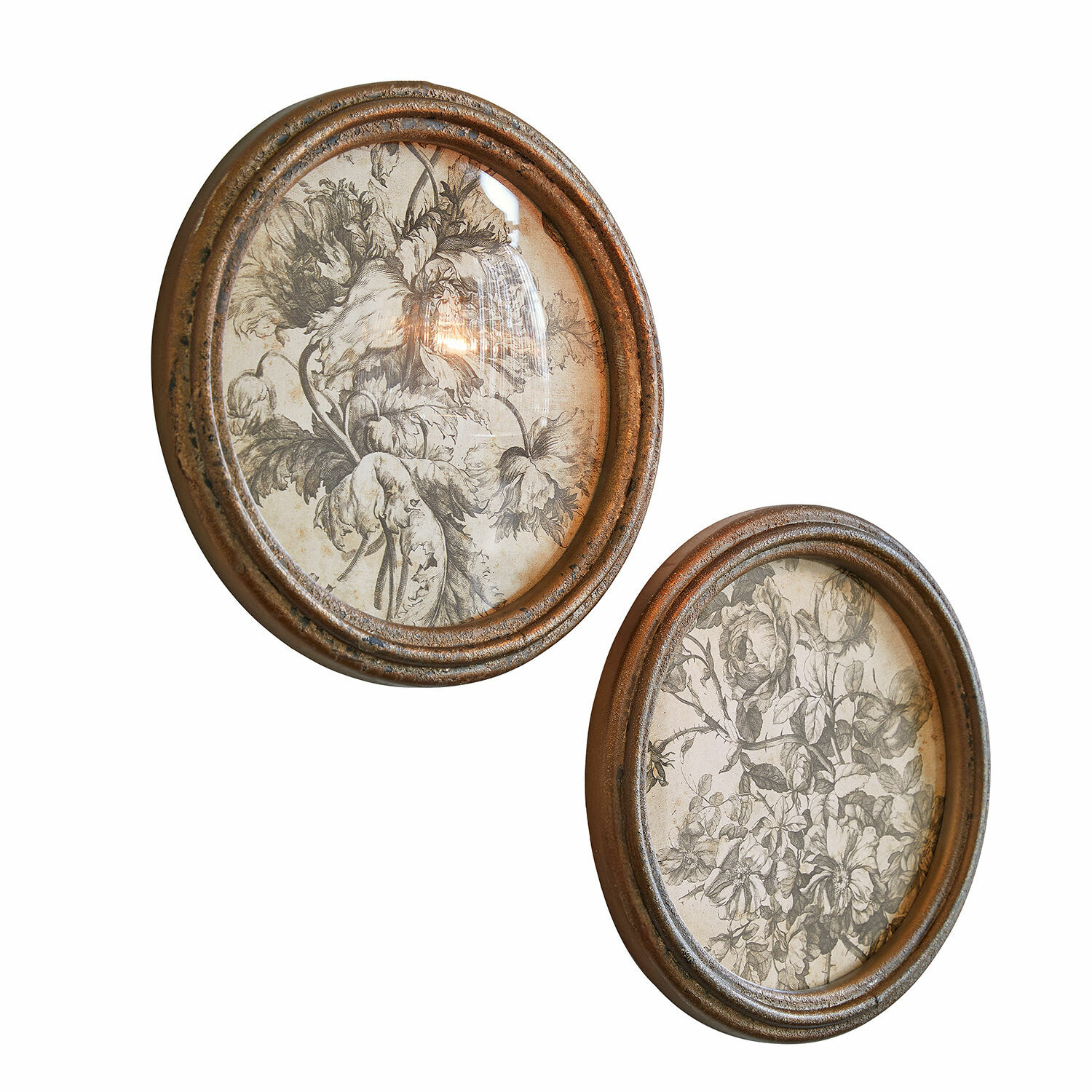 Bild 2er Set Phaurette Zwei ovale braune Metallrahmen mit schwarz-weißen Blumenillustrationen zur Wanddekoration
