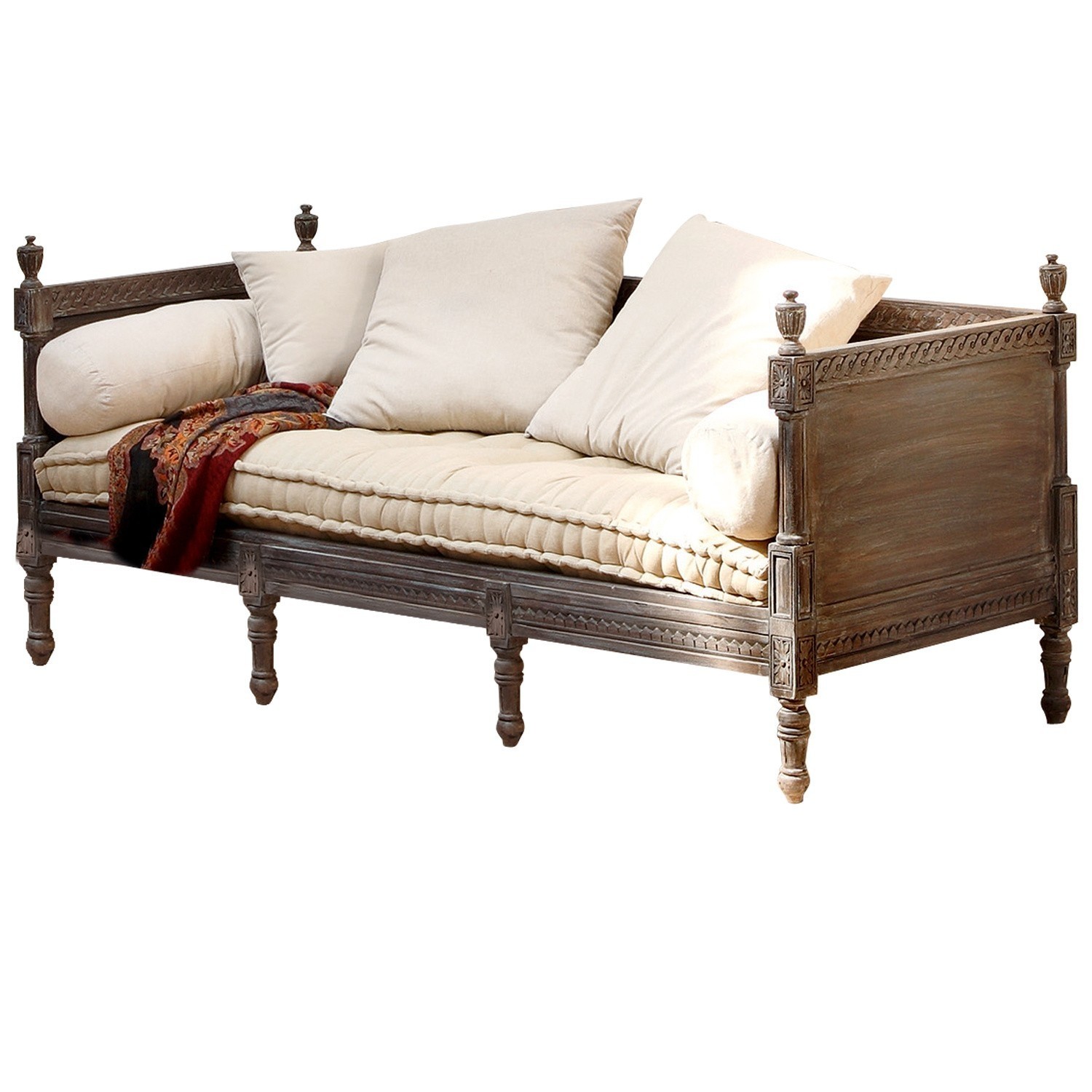antikbraun/creme Sofa Douville mit graubraunem Holzrahmen, cremefarbenen Kissen und gepolstertem Sitz für gemütliches Wohnen