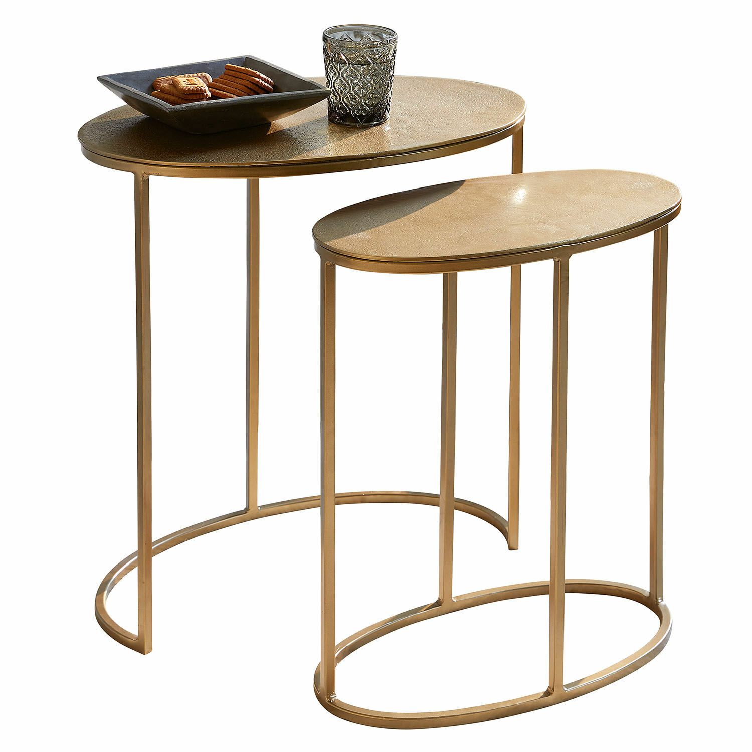 Beistelltisch 2er Set Leron Set aus zwei goldfarbenen Metall-Beistelltischen mit ovalen Platten, modernes Wohnzimmermöbel